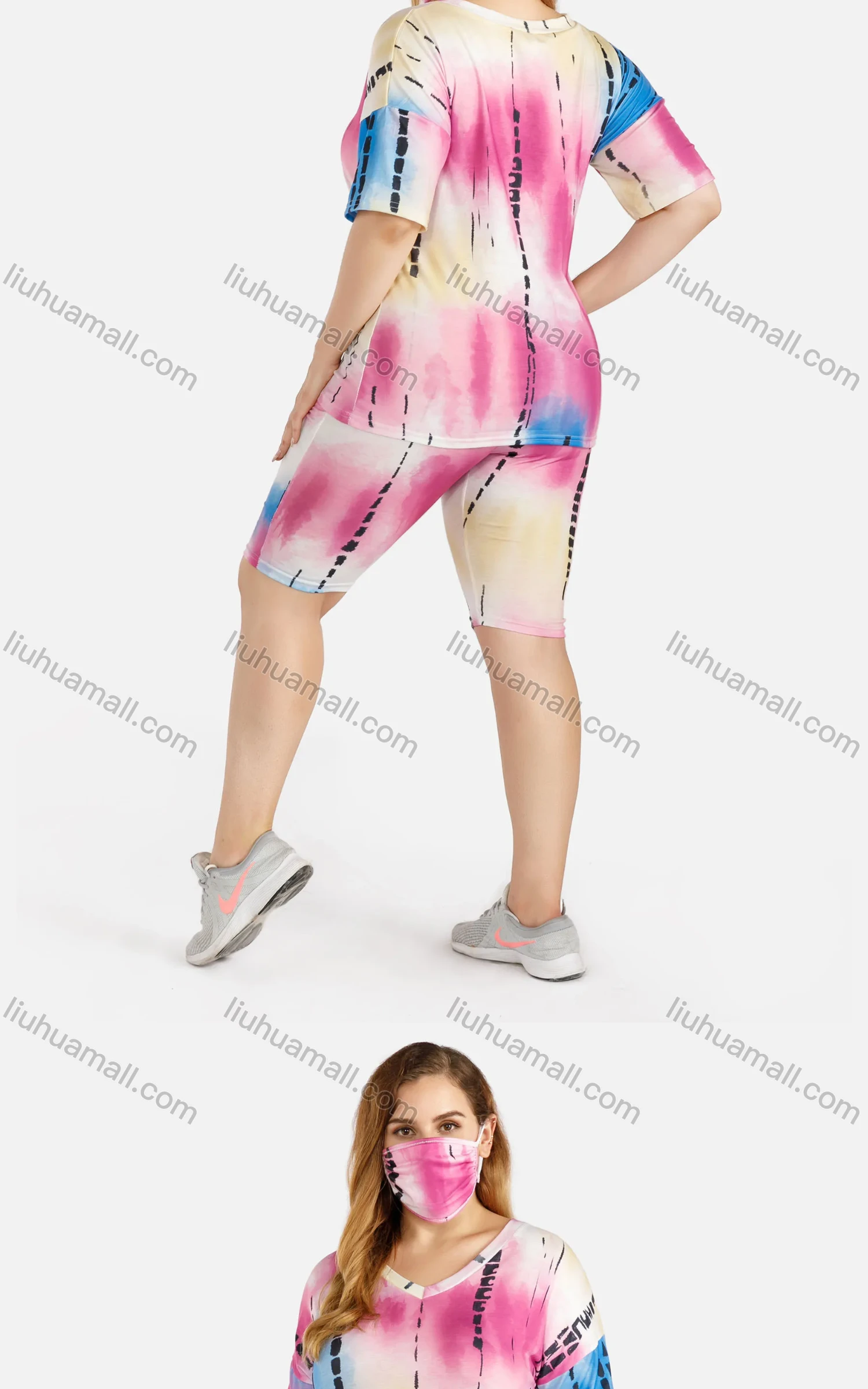 Wholesale Women's Plus Size V-Neck Top & Skinny Bermuda Shorts Tie Dye Set With Mask 4969# - Liuhuamall