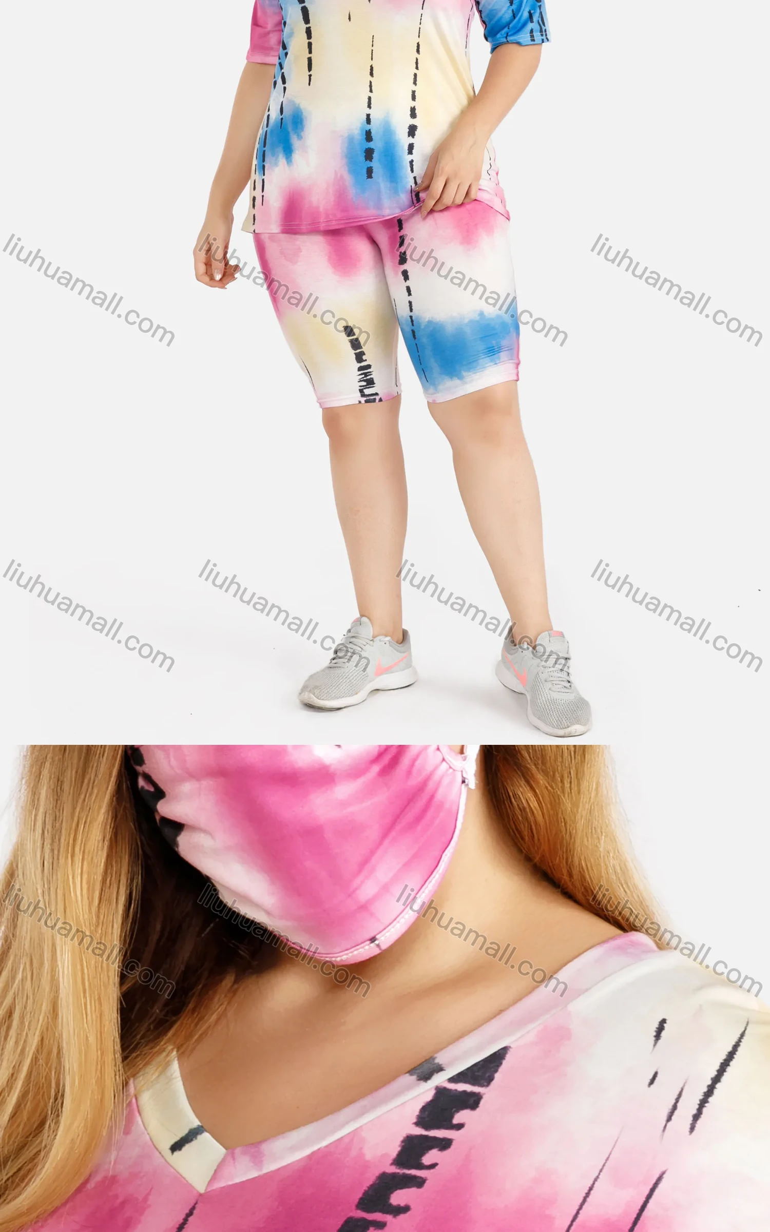 Wholesale Women's Plus Size V-Neck Top & Skinny Bermuda Shorts Tie Dye Set With Mask 4969# - Liuhuamall