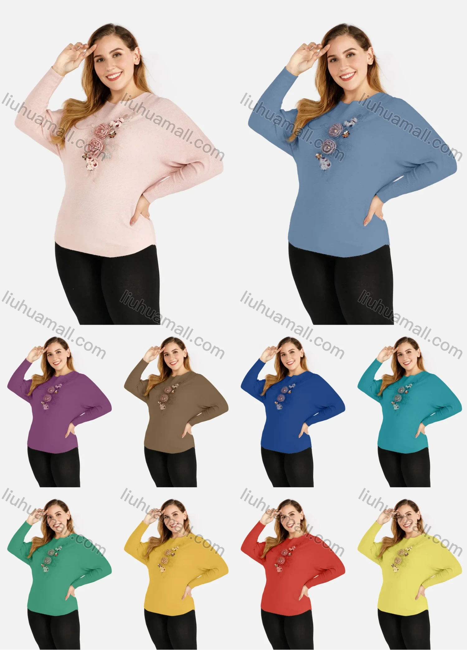 Wholesale Women's Lace 3D Floral Appliques Round Neck Long Sleeve Pullover Knit Top - Liuhuamall