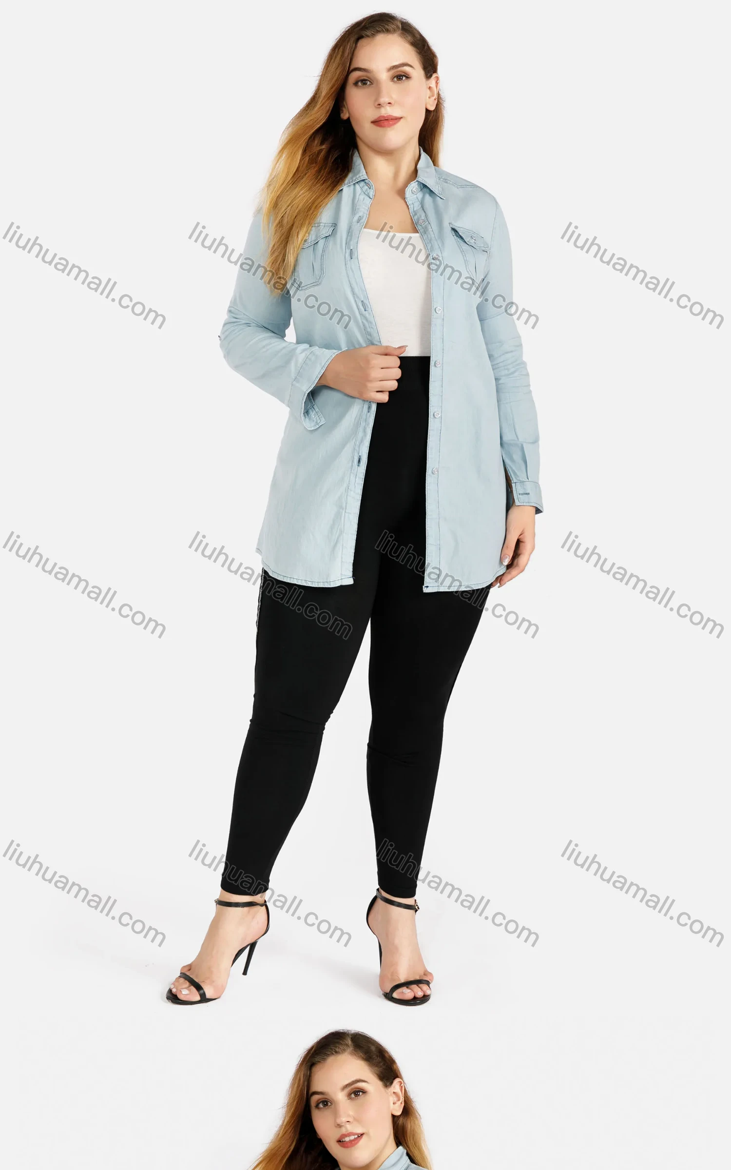 Wholesale Women's Casual Long Sleeve Flap Pocket Button Front Long Denim Shirt - Liuhuamall