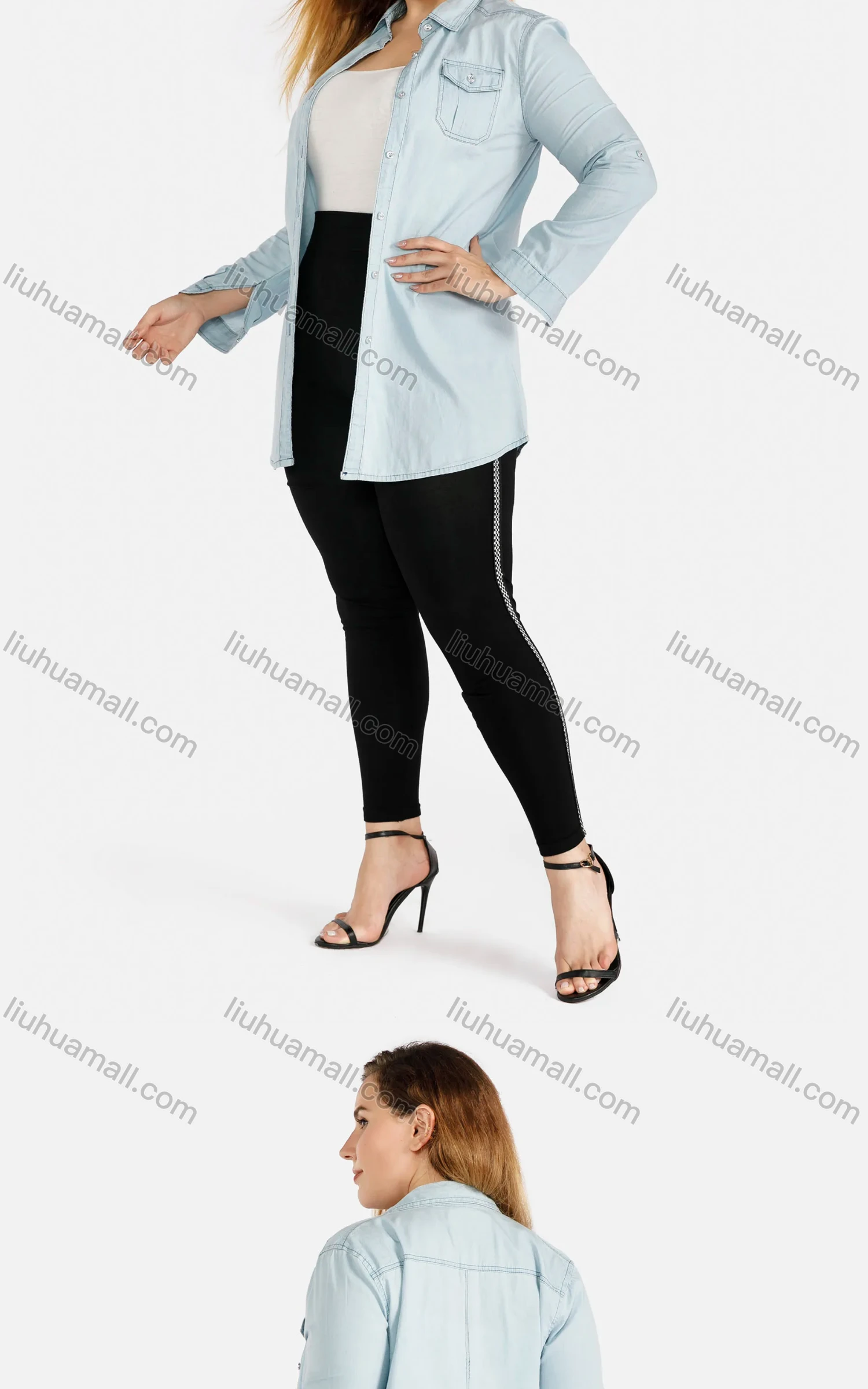 Wholesale Women's Casual Long Sleeve Flap Pocket Button Front Long Denim Shirt - Liuhuamall