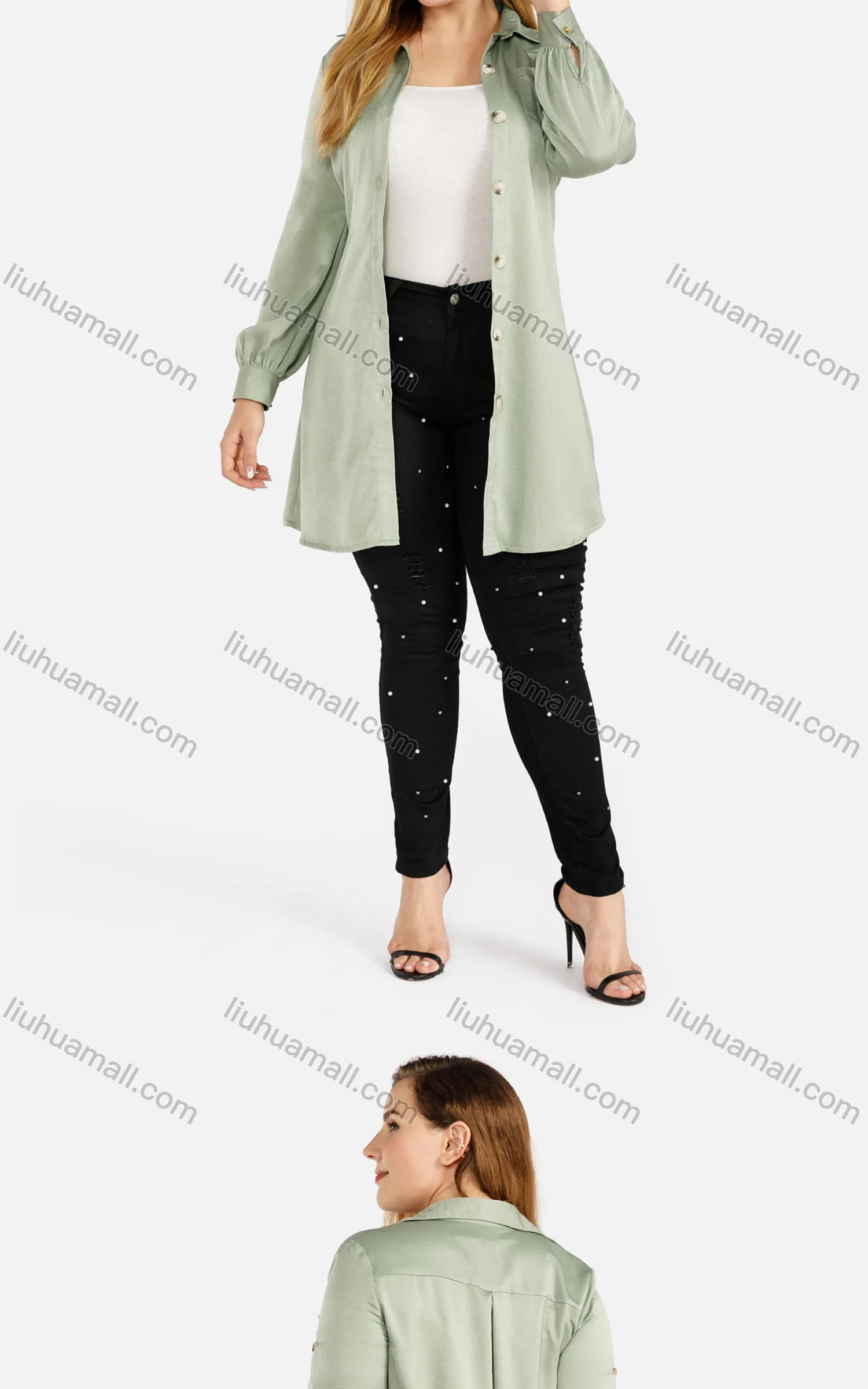 Wholesale Women's Casual Long Lantern Sleeve Floral Embroidery Button Front Damask Shirt - Liuhuamall