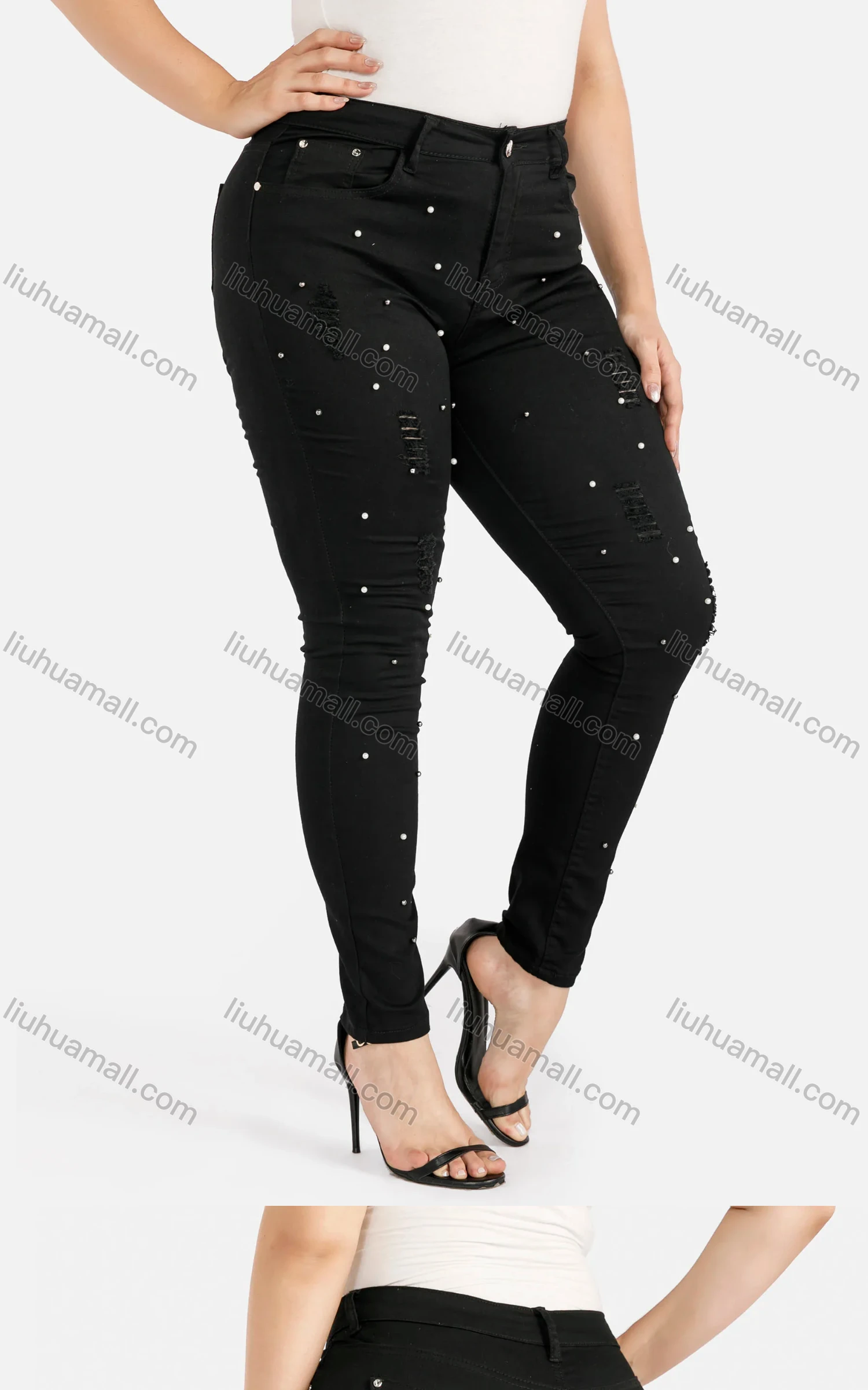 Wholesale Women's Ripped Pockets Rhinestone Tailored Straight Leg Long Pants - Liuhuamall