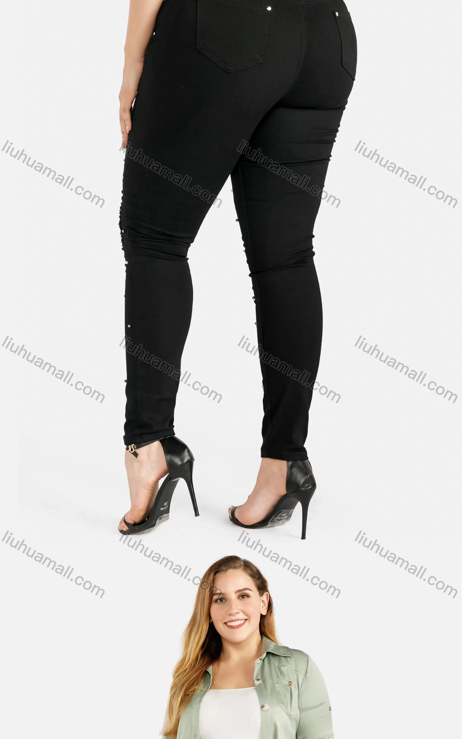 Wholesale Women's Ripped Pockets Rhinestone Tailored Straight Leg Long Pants - Liuhuamall