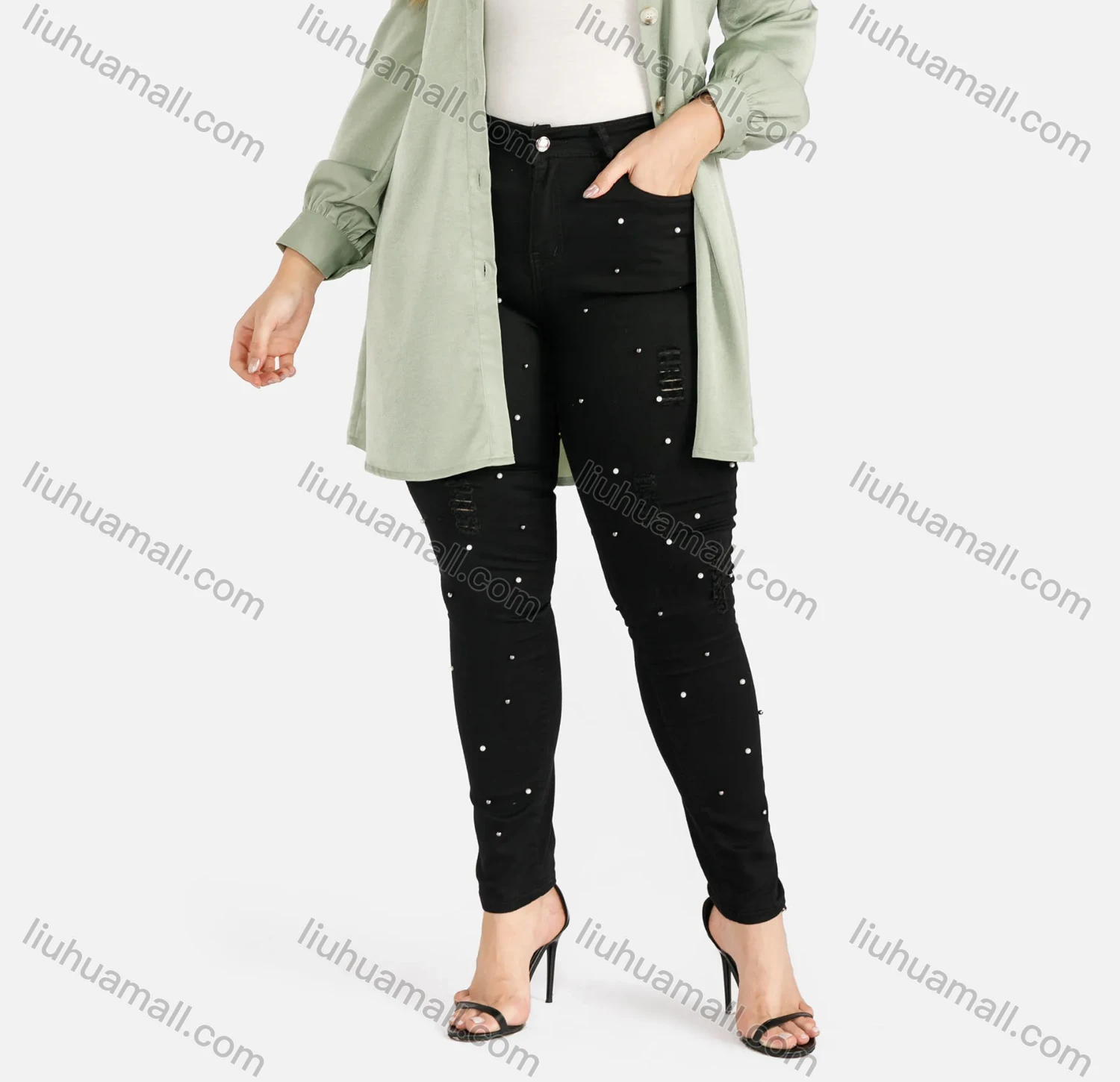 Wholesale Women's Ripped Pockets Rhinestone Tailored Straight Leg Long Pants - Liuhuamall