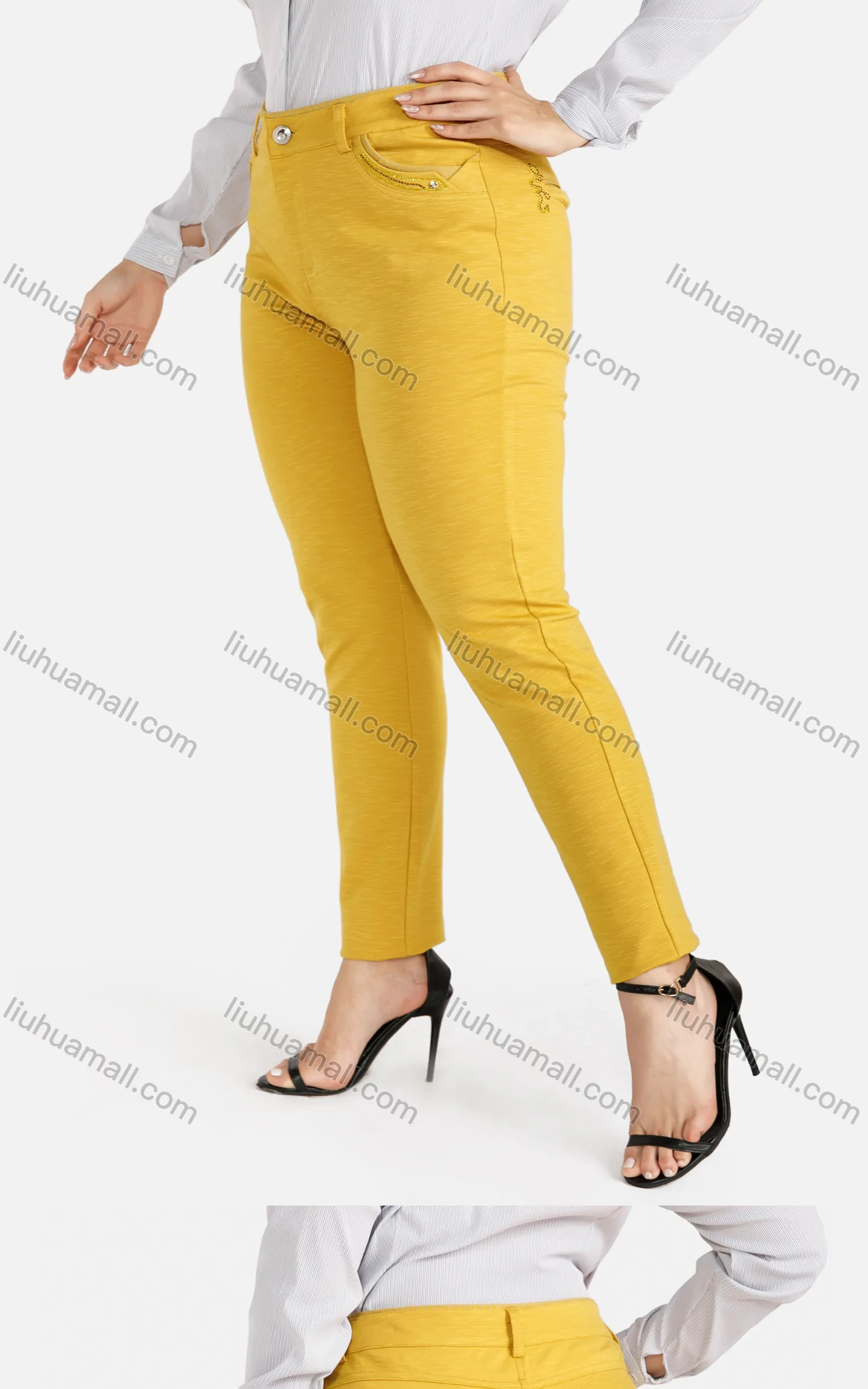 Wholesale Women's Casual Rhinestone Button Closure Skinny Pants - Liuhuamall