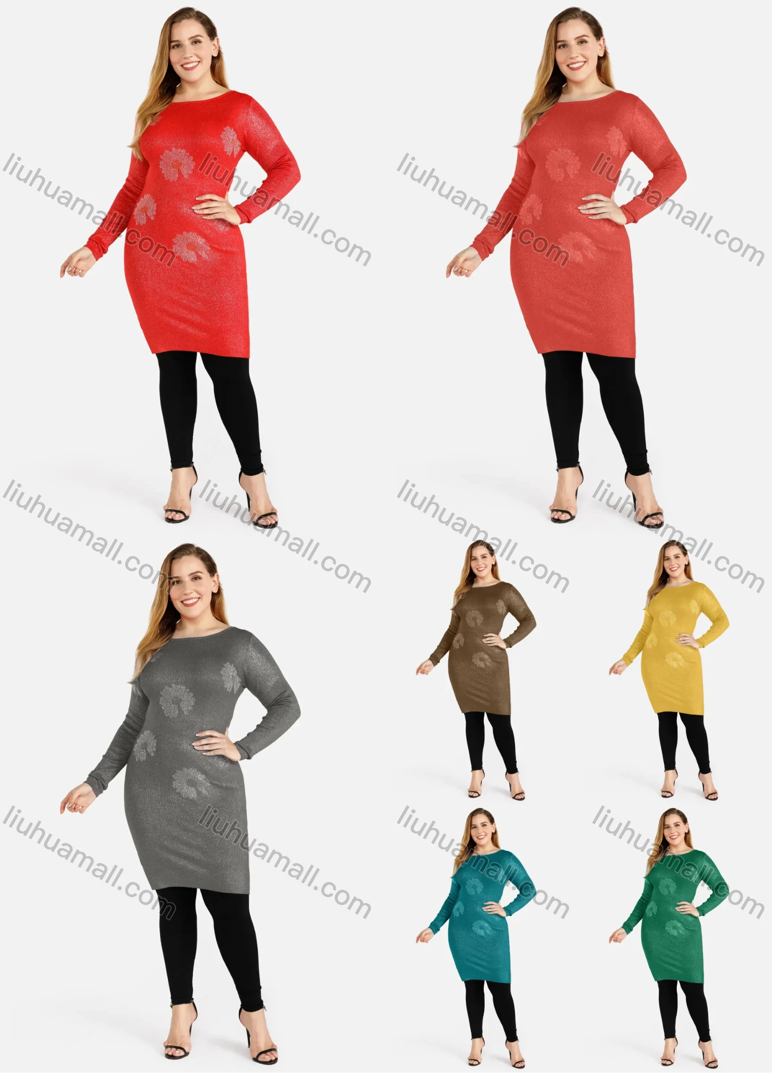 Wholesale Women's Round Neck Long Sleeve Knee Length Rib-Knit Dress - Liuhuamall