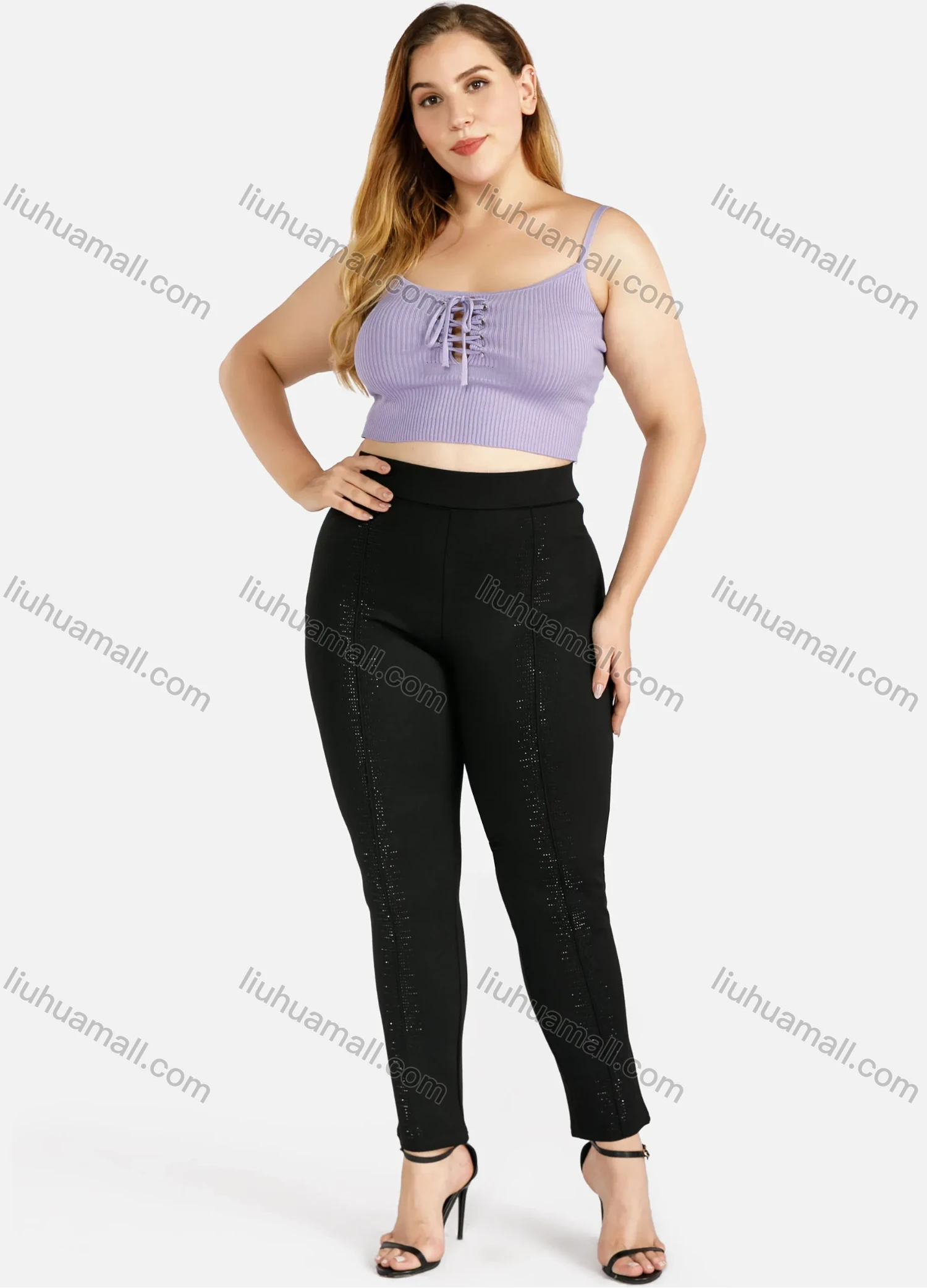Wholesale Women's Plus Size Spaghetti Strap Plain Ruched Crop Camisole Top - Liuhuamall