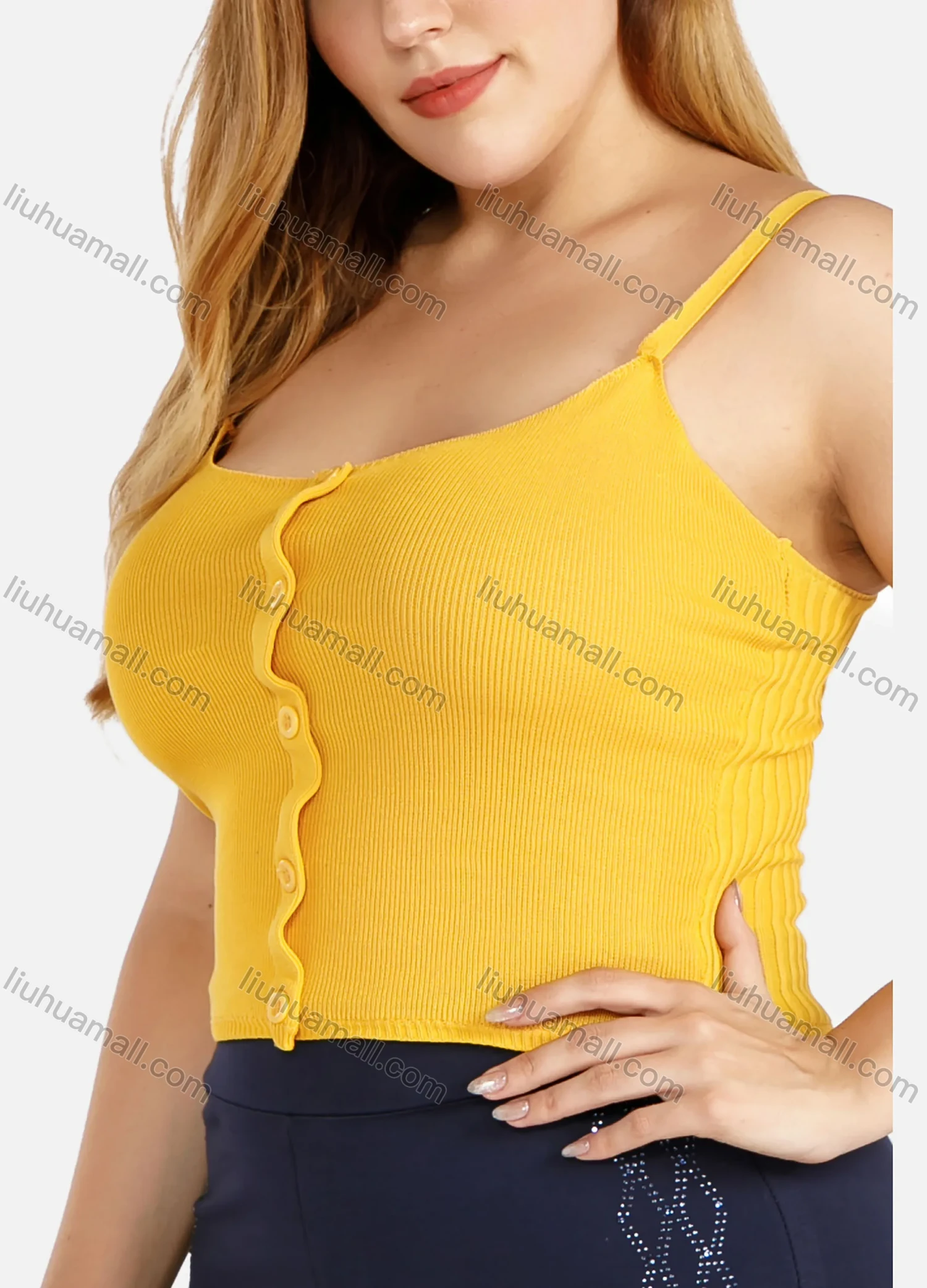 Wholesale Women's Plus Size Spaghetti Strap Plain Button Decor Ruched Crop Camisole Top - Liuhuamall
