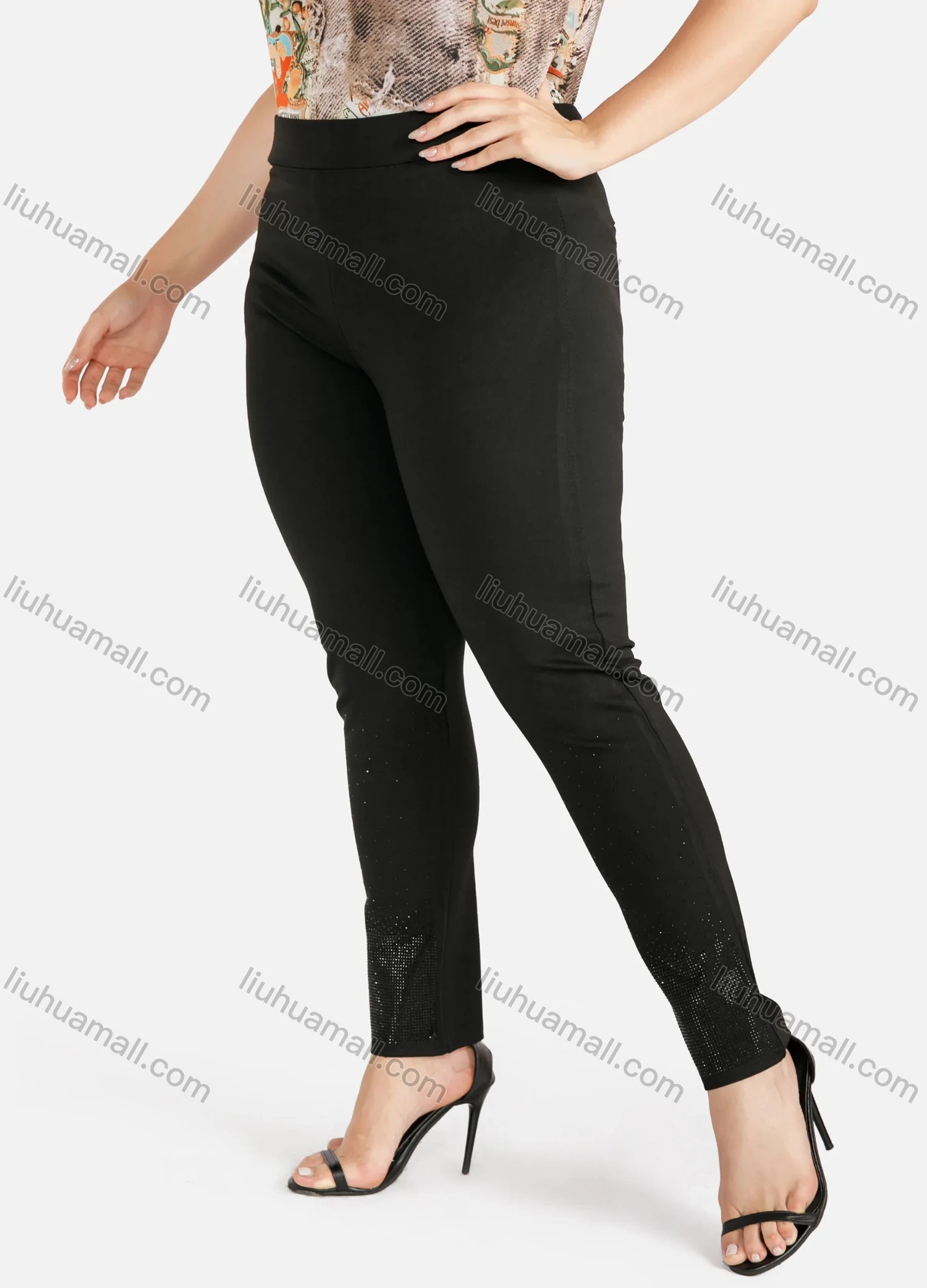 Wholesale Women's Plus Size Rhinestone Elastic Waist Plain Casual Skinny Pants - Liuhuamall