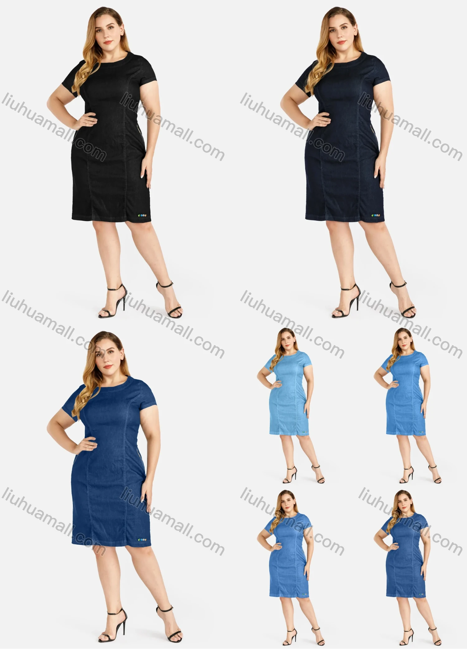 Wholesale Women's Plus Size Round Neck Zip Back Knee Length Denim Dress - Liuhuamall
