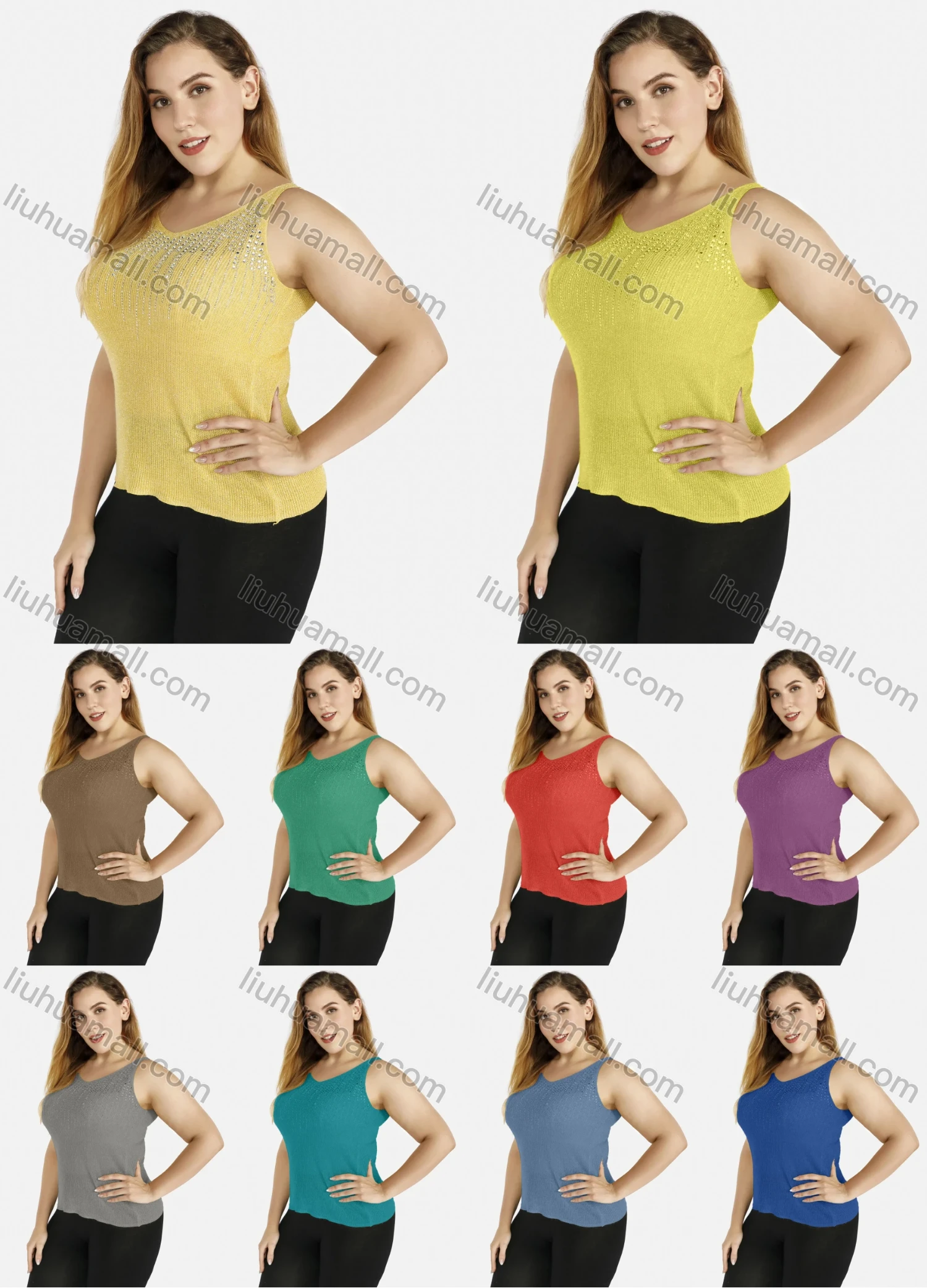 Wholesale Women's Summer Round Neck Sleeveless Rhinestone Rib-Knit Top - Liuhuamall