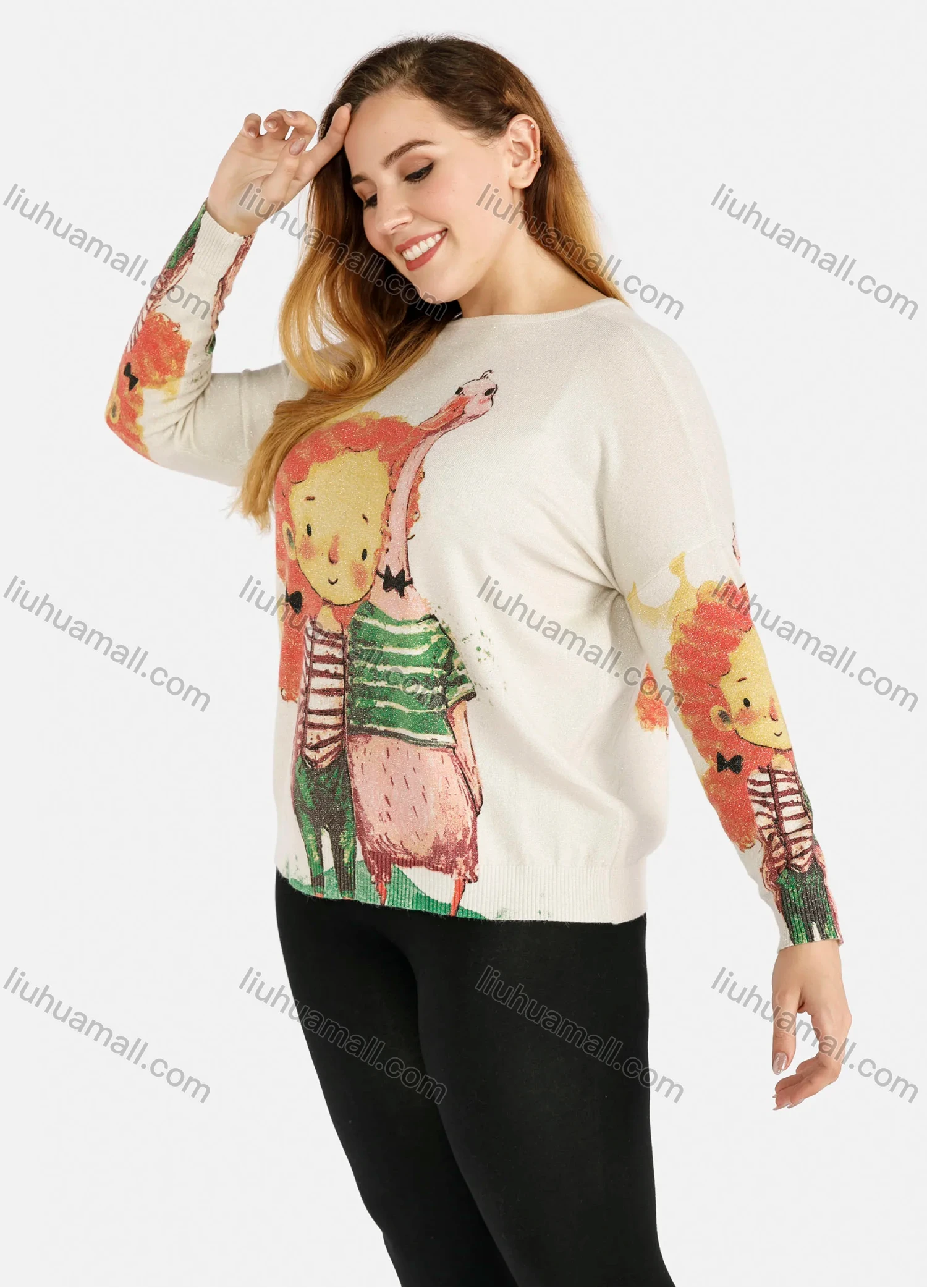 Wholesale Women's Casual Round Neck Long Sleeve Cartoon Pattern Print Fuzzy Knit Top - Liuhuamall