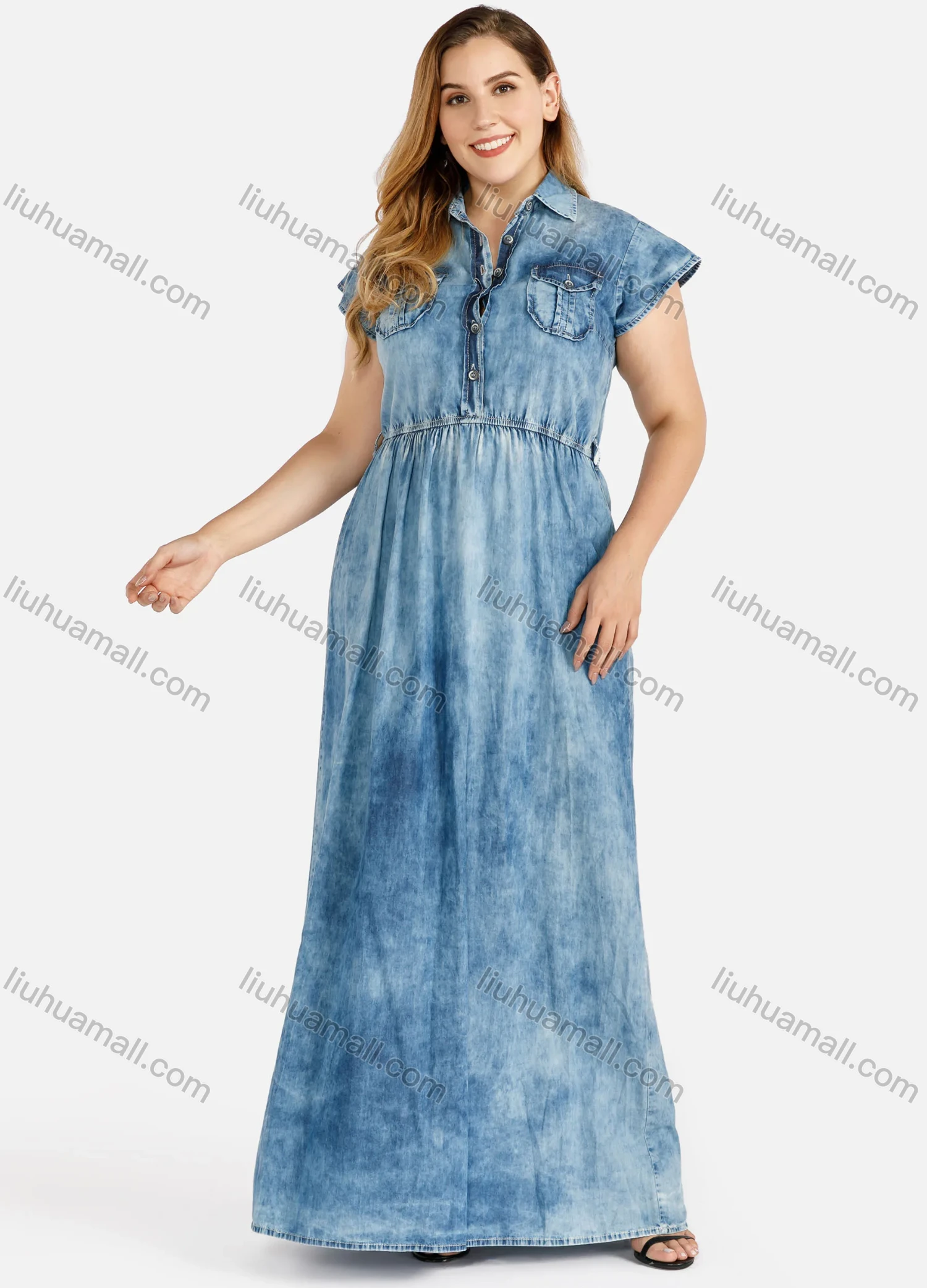 Wholesale Women's Plus Size Flap Pockets Cap Sleeve Distressed Button Front Denim Maxi Dress - Liuhuamall