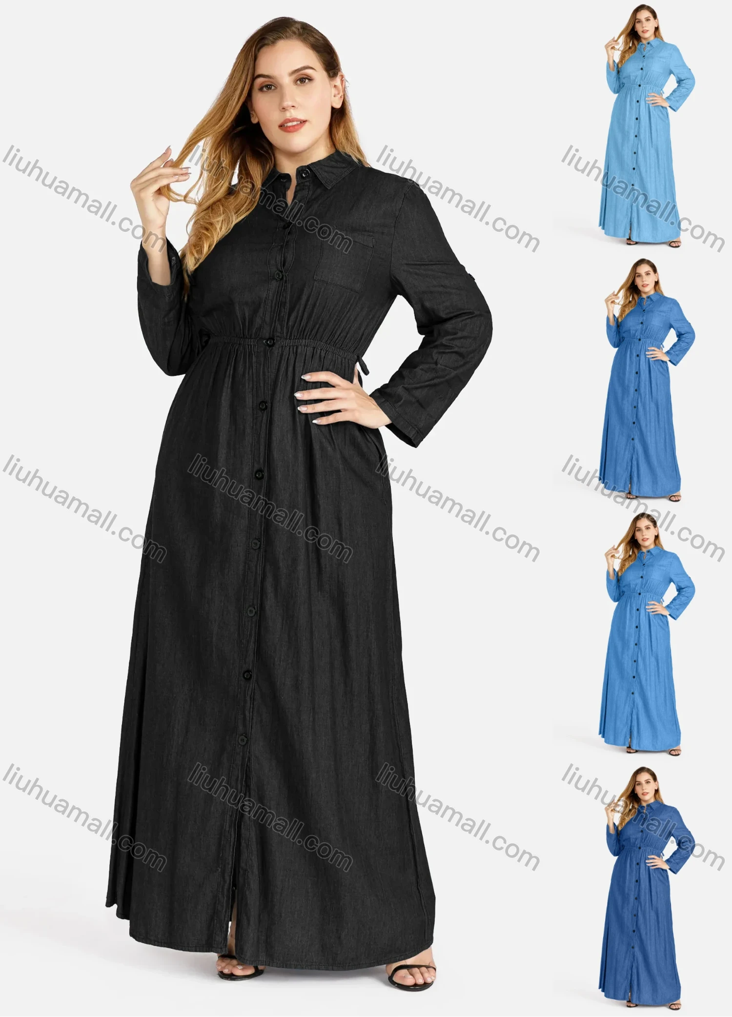 Wholesale Women's Plus Size Casual Button Long Sleeve Maxi Denim Shirt Dress - Liuhuamall