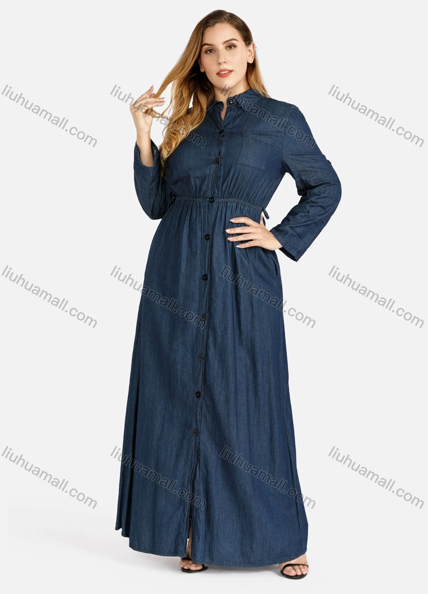 Wholesale Women's Plus Size Casual Button Long Sleeve Maxi Denim Shirt Dress - Liuhuamall