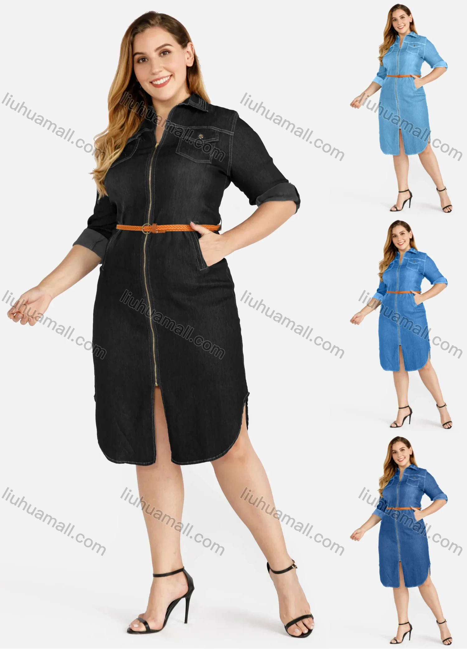 Wholesale Women's Plus Size Casual Zip Front Wash Denim Shirt Dress With Belt - Liuhuamall