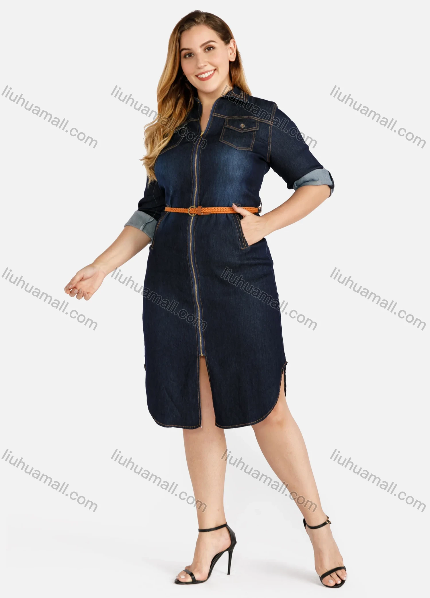 Wholesale Women's Plus Size Casual Zip Front Wash Denim Shirt Dress With Belt - Liuhuamall
