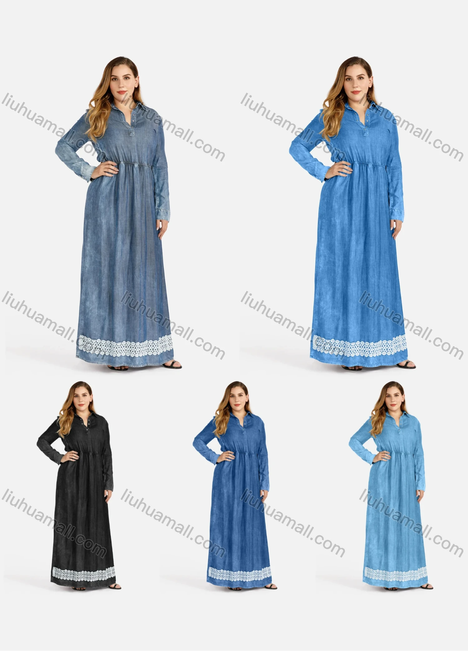 Wholesale Women's Plus Size Long Sleeve Button Front Denim Maxi Dress - Liuhuamall