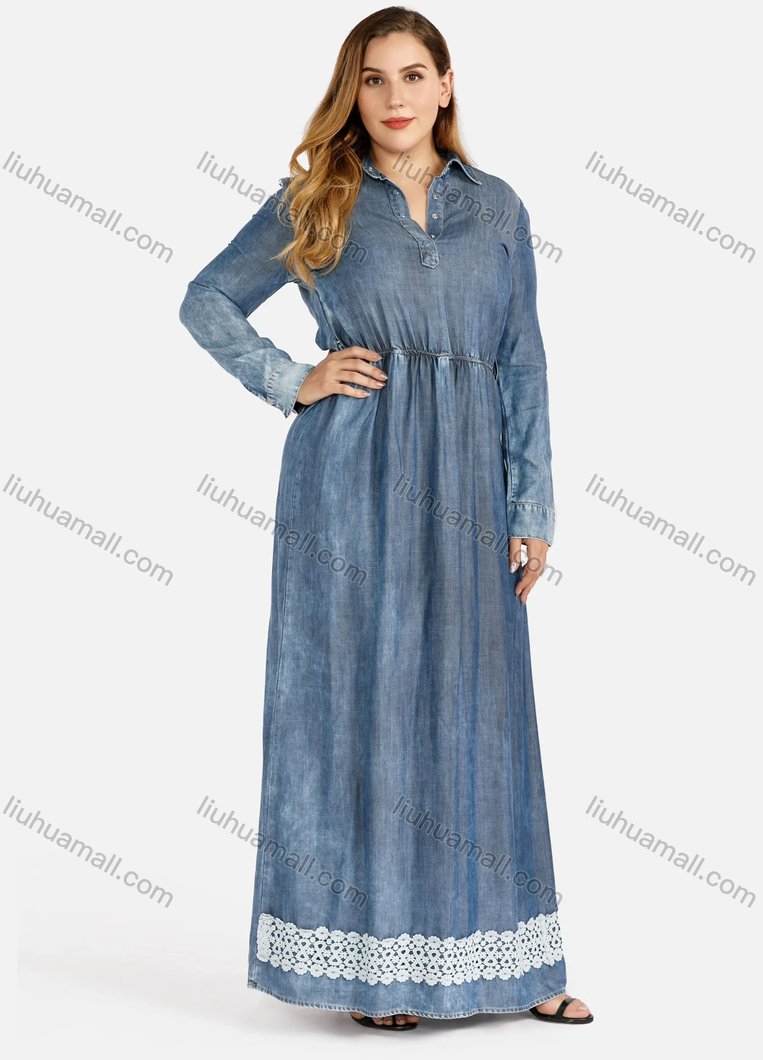 Wholesale Women's Plus Size Long Sleeve Button Front Denim Maxi Dress - Liuhuamall