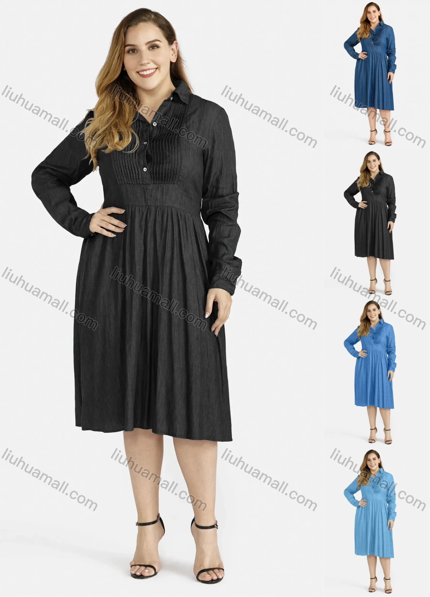 Wholesale Women's Plus Size Button Pleated Casual Knee Length Denim Dress - Liuhuamall