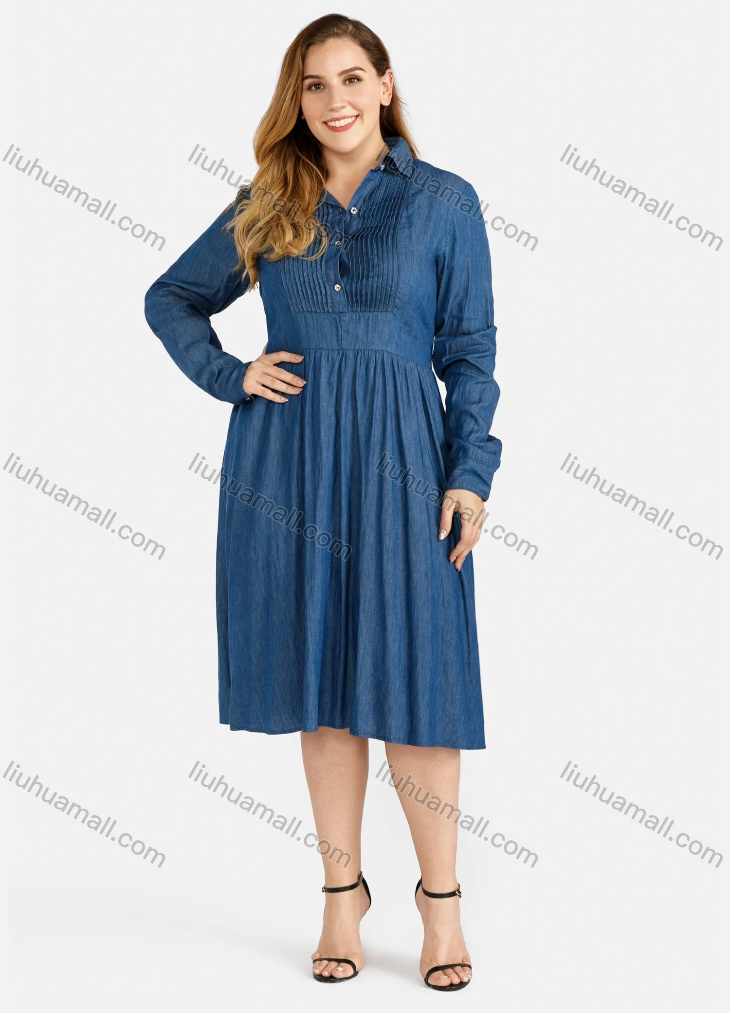 Wholesale Women's Plus Size Button Pleated Casual Knee Length Denim Dress - Liuhuamall