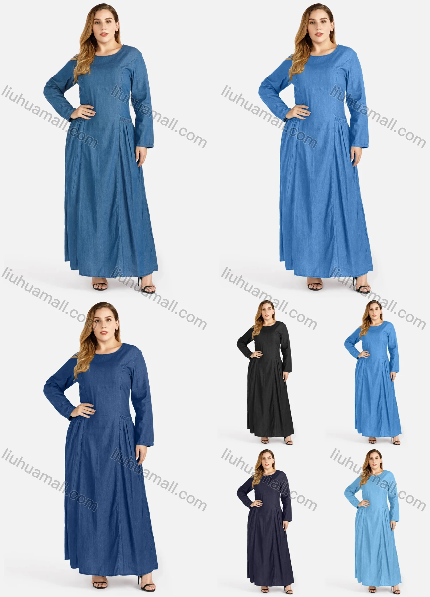 Wholesale Women's Plus Size Casual Round Neck Long Sleeve Denim Maxi Dress - Liuhuamall