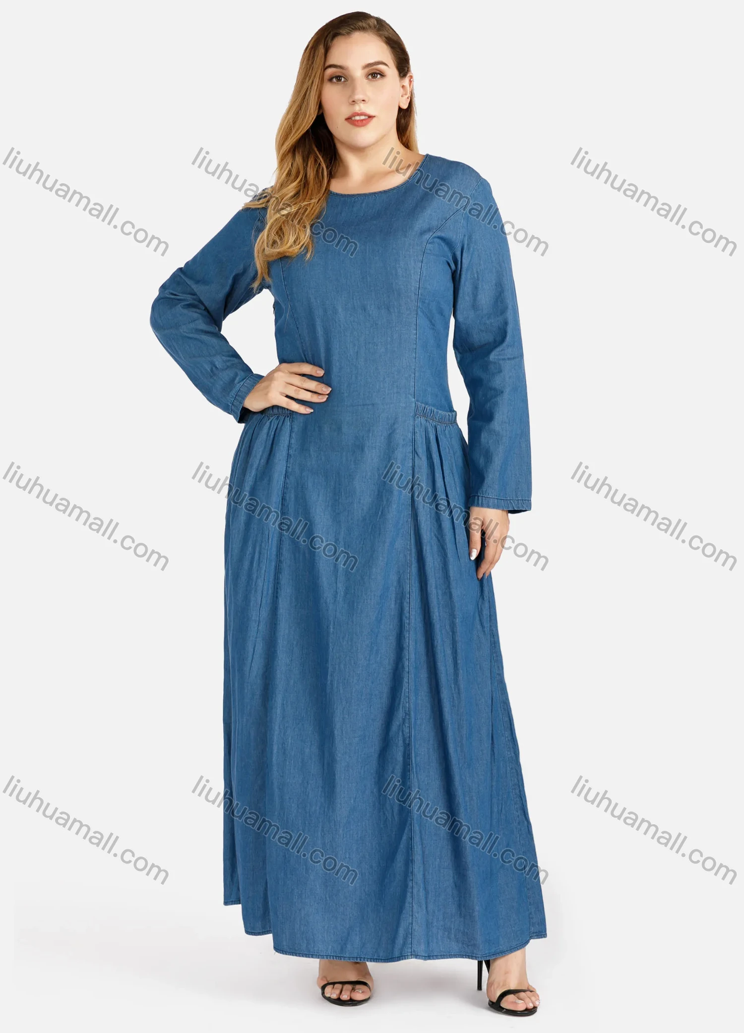 Wholesale Women's Plus Size Casual Round Neck Long Sleeve Denim Maxi Dress - Liuhuamall