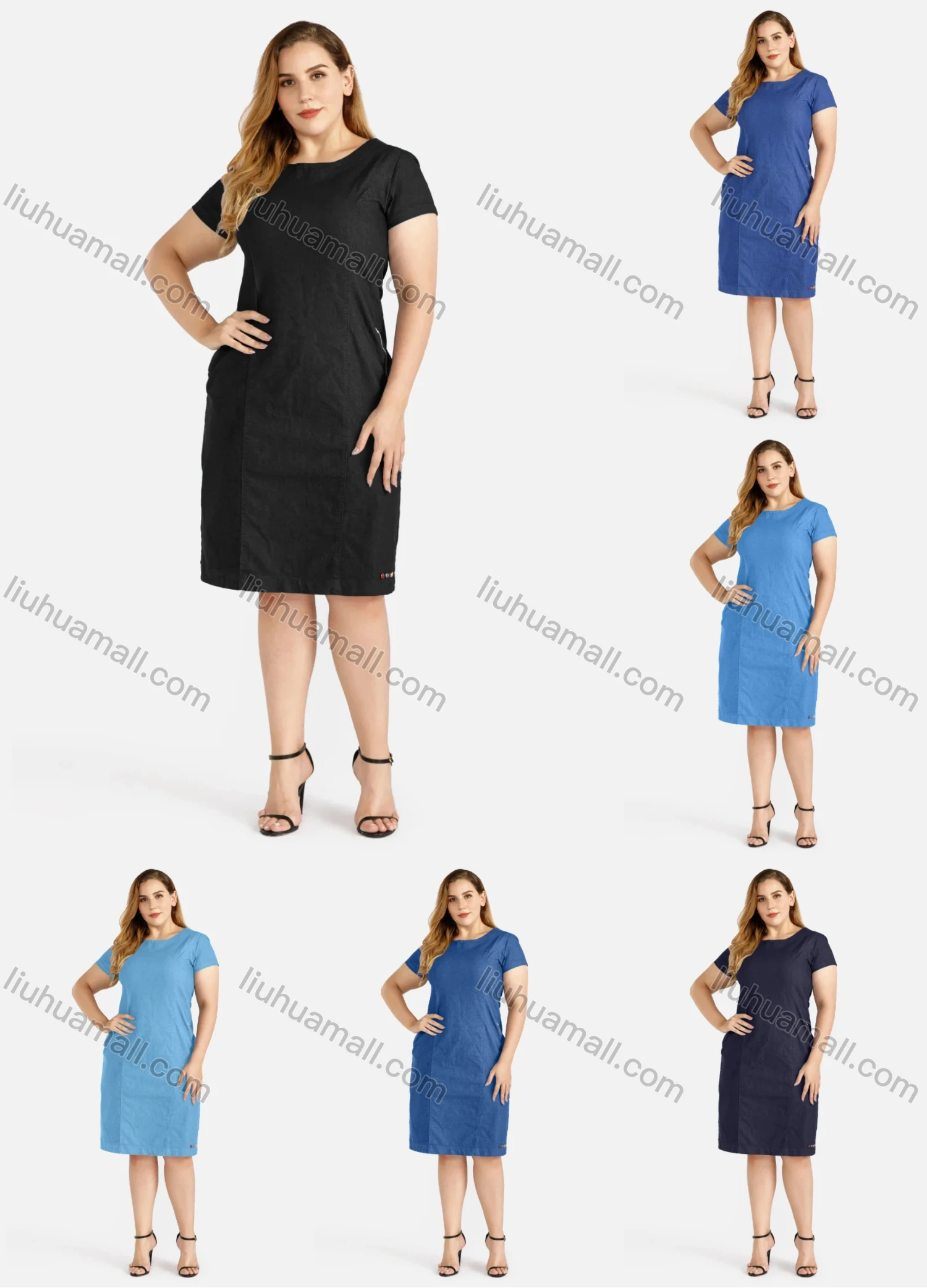 Wholesale Women's Plus Size Casual Round Neck Zipper Knee Length Denim Dress - Liuhuamall