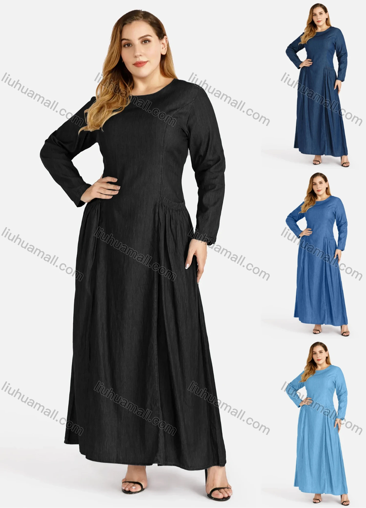 Wholesale Women's Plus Size Causal Round Neck Pleated Denim Maxi Dress - Liuhuamall