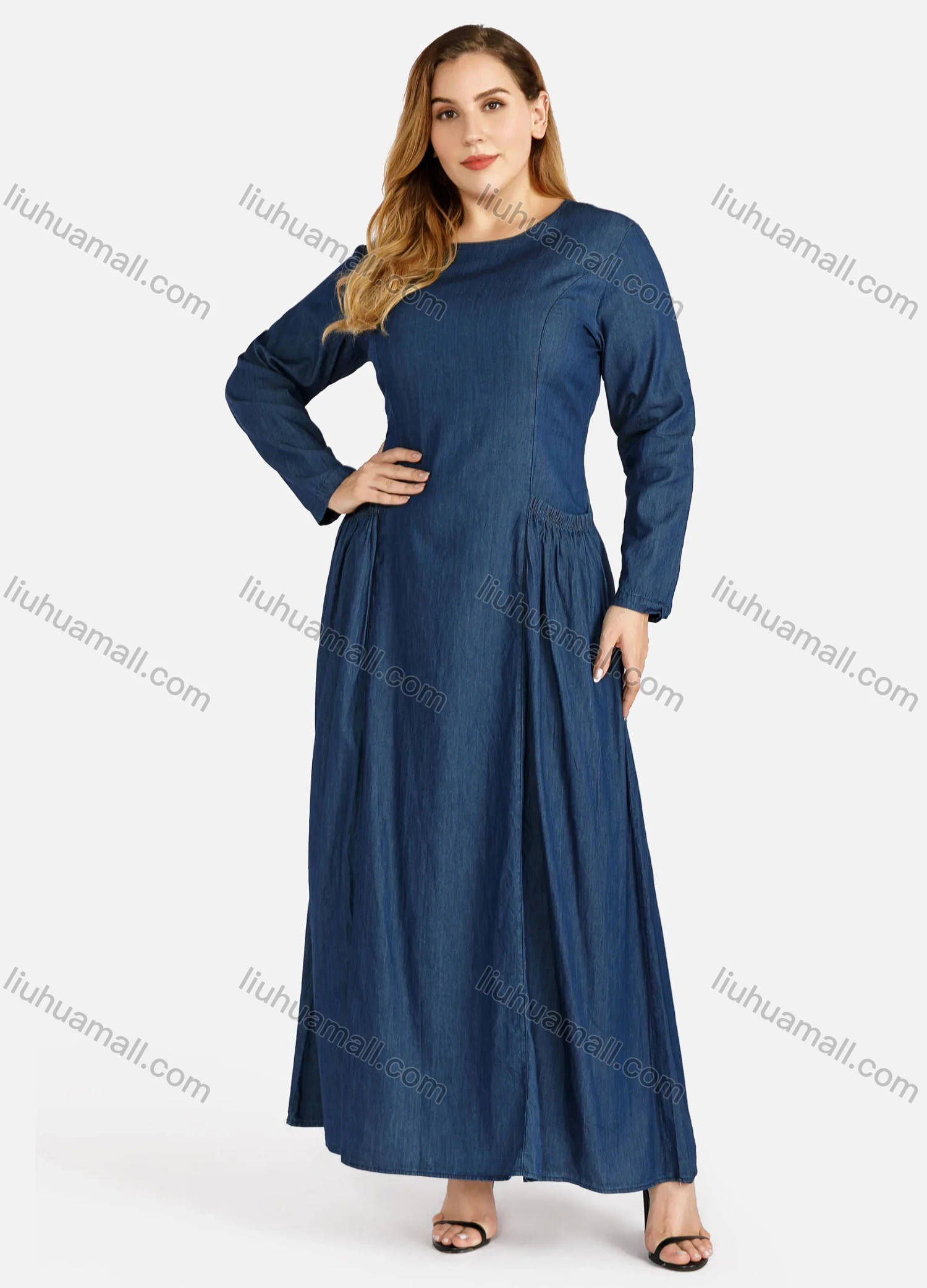 Wholesale Women's Plus Size Causal Round Neck Pleated Denim Maxi Dress - Liuhuamall