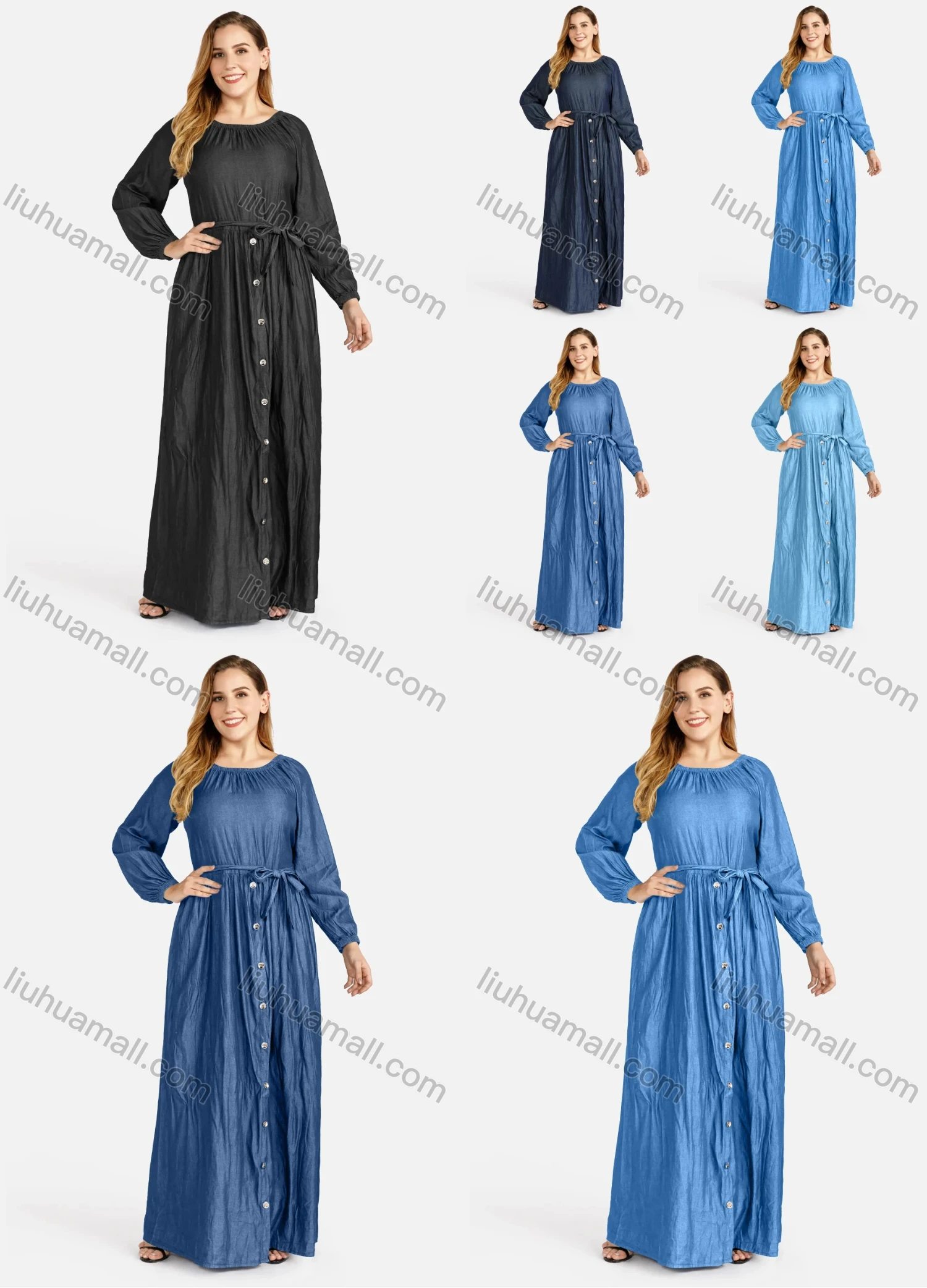 Wholesale Women's Plus Size Casual Round Neck Button Denim Maxi Dress - Liuhuamall