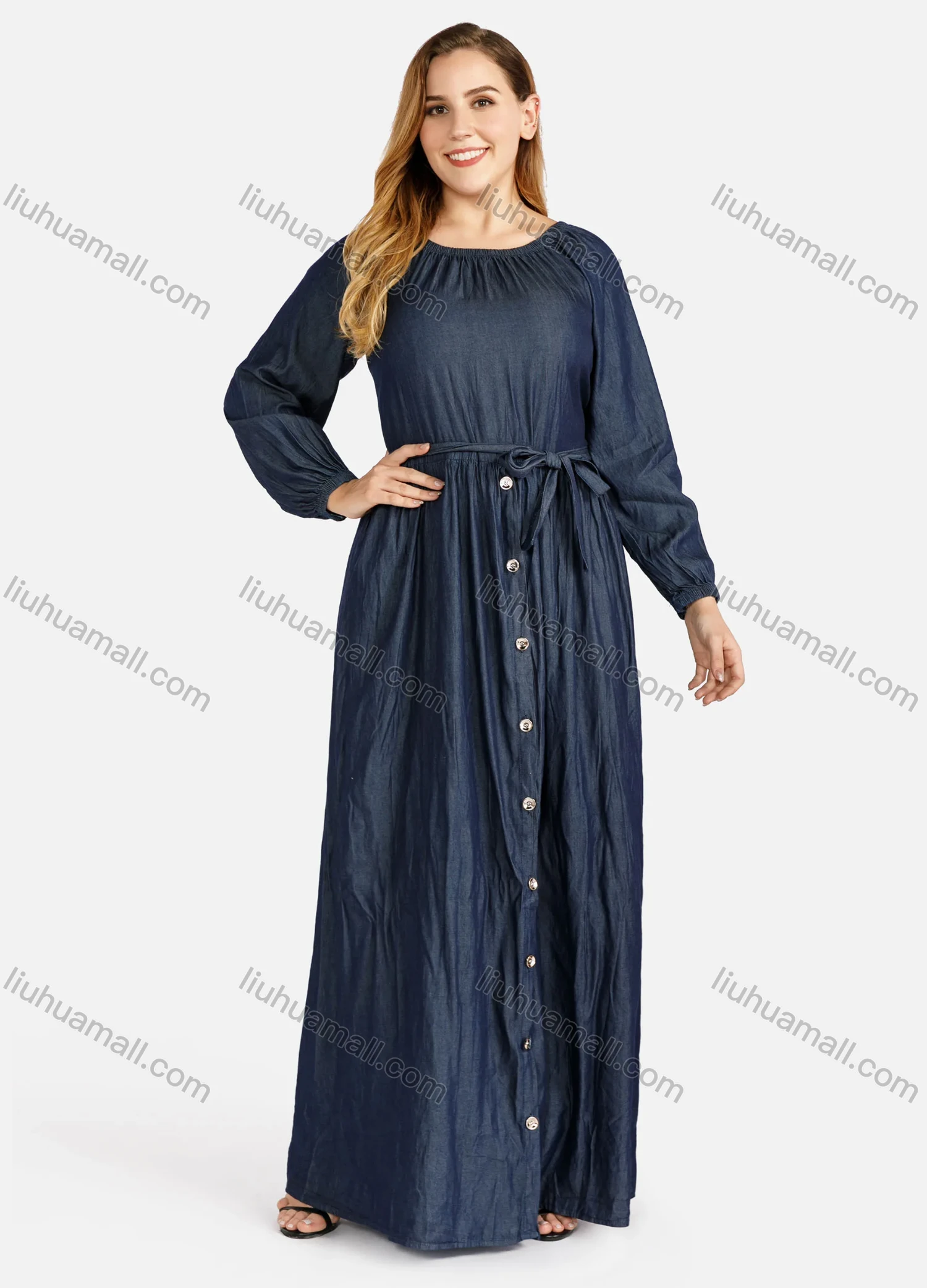 Wholesale Women's Plus Size Casual Round Neck Button Denim Maxi Dress - Liuhuamall