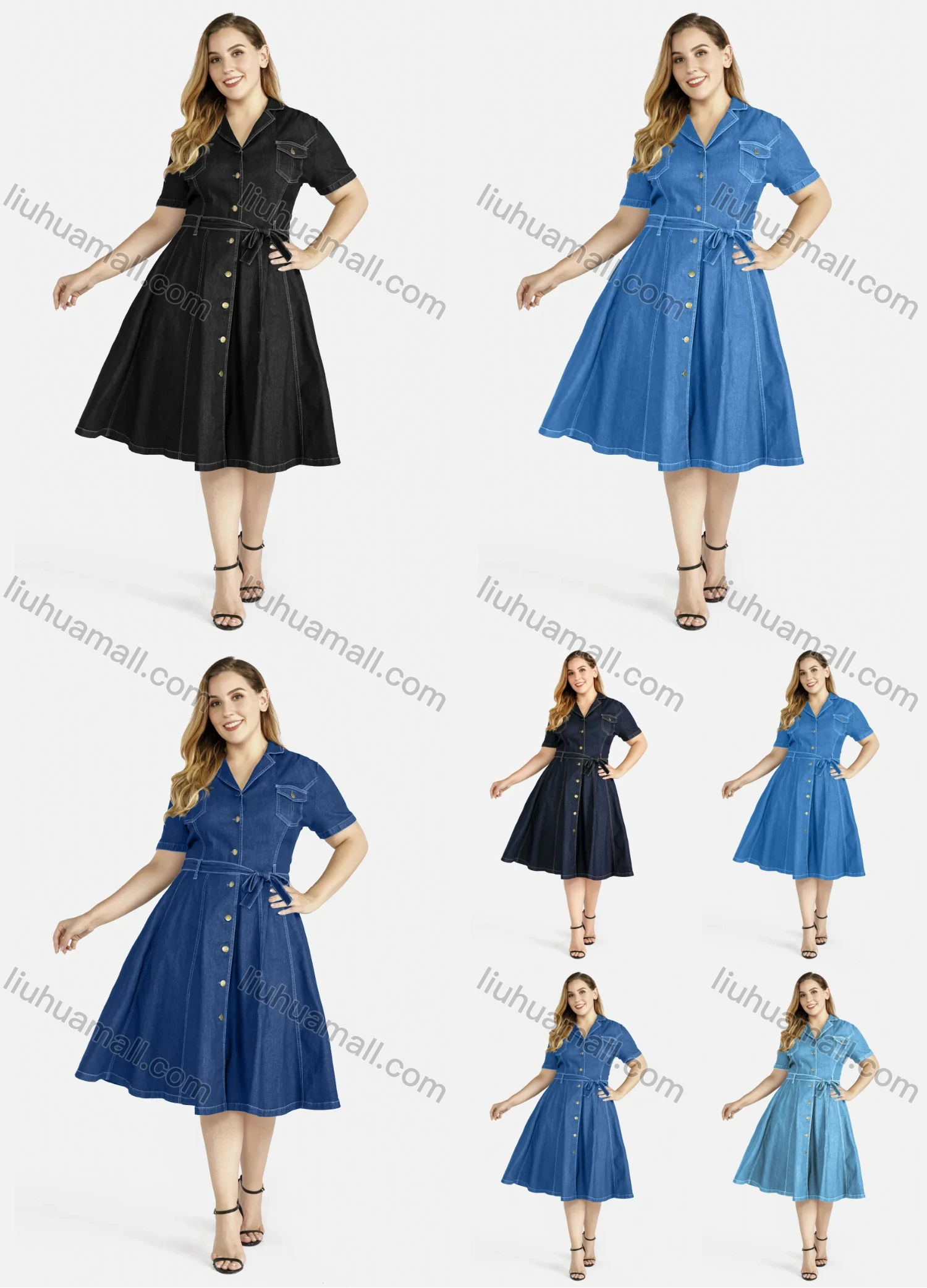 Wholesale Women's Plus Size Casual Button Font Pleated Flared Denim Knee Length Shirt Dress - Liuhuamall