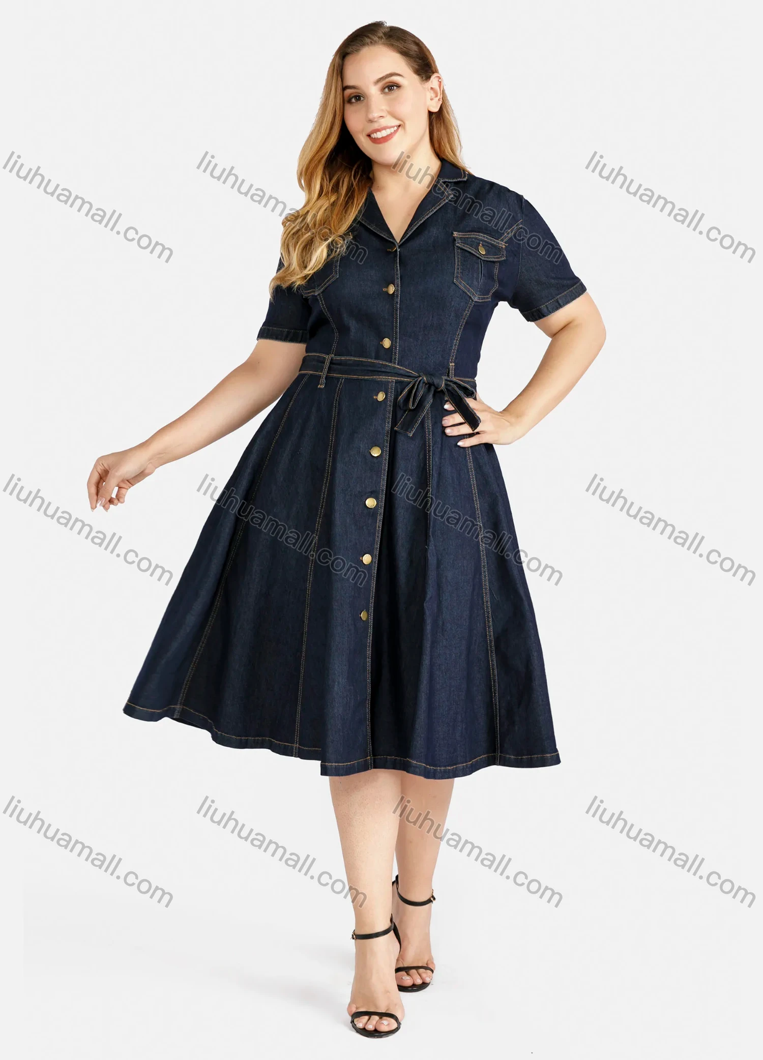 Wholesale Women's Plus Size Casual Button Font Pleated Flared Denim Knee Length Shirt Dress - Liuhuamall