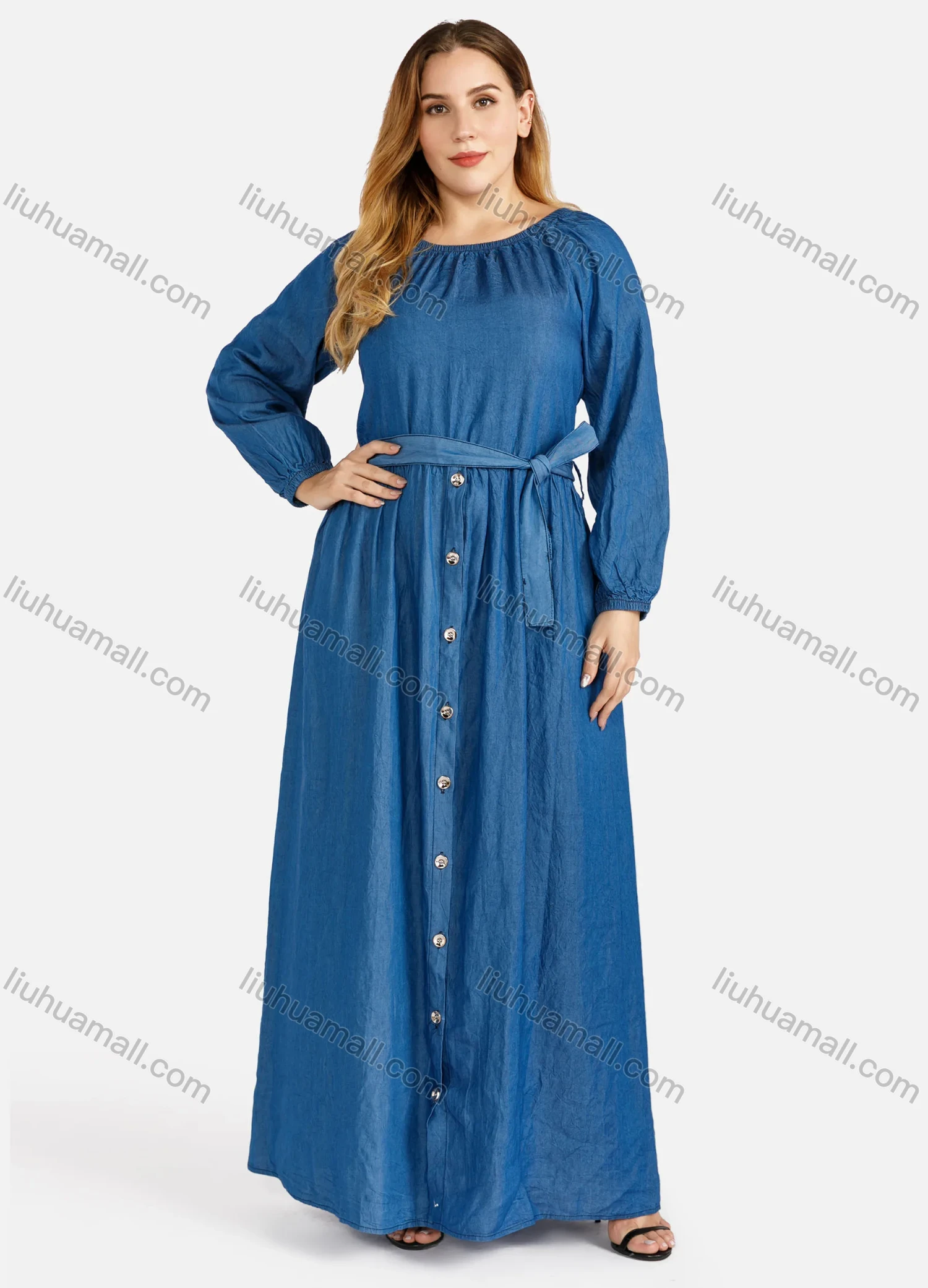 Wholesale Women's Plus Size Casual Round Neck Button Front Denim Maxi Dress - Liuhuamall
