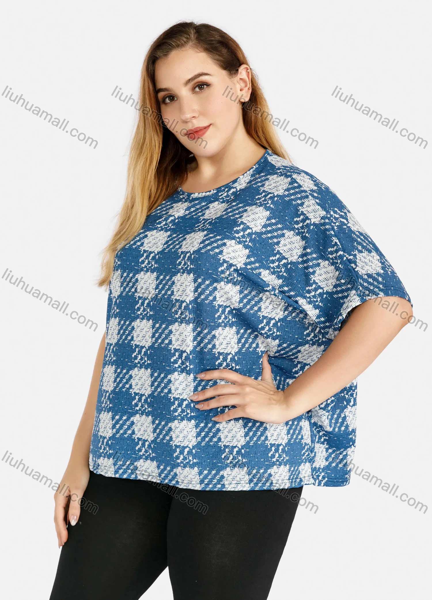 Wholesale Women's Plus Size Crew Neck Plaid Print Batwing Sleeve Pullover Blouse - Liuhuamall