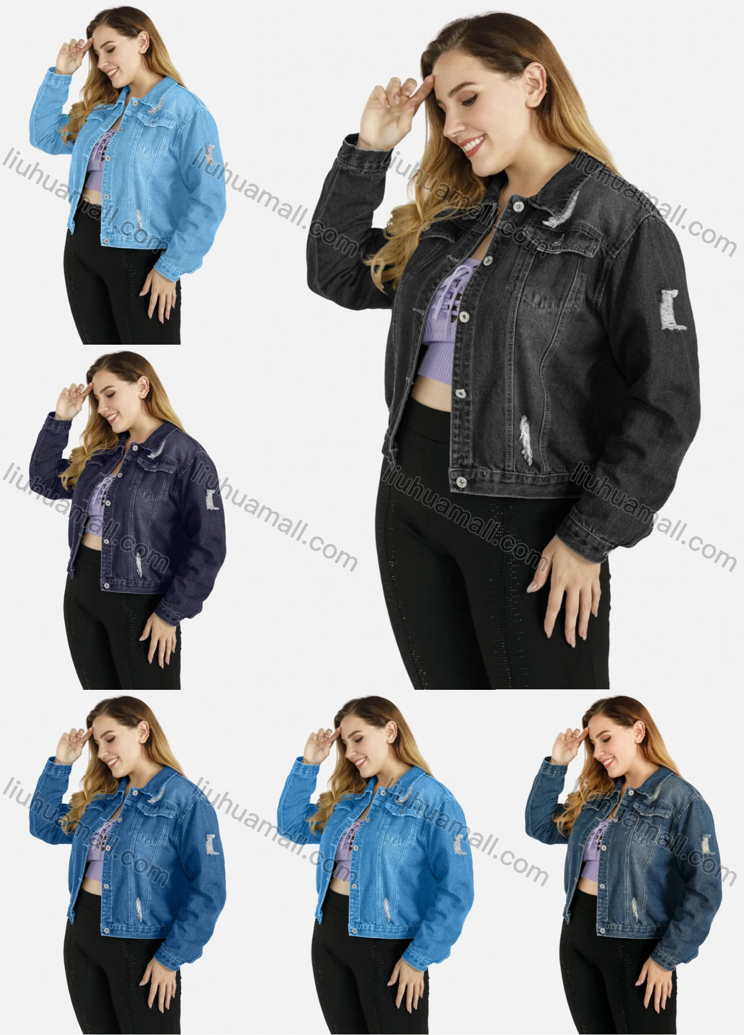 Wholesale Women's Plus Size Collared Button Front Crop Distressed Basics Denim Jacket 0864# - Liuhuamall