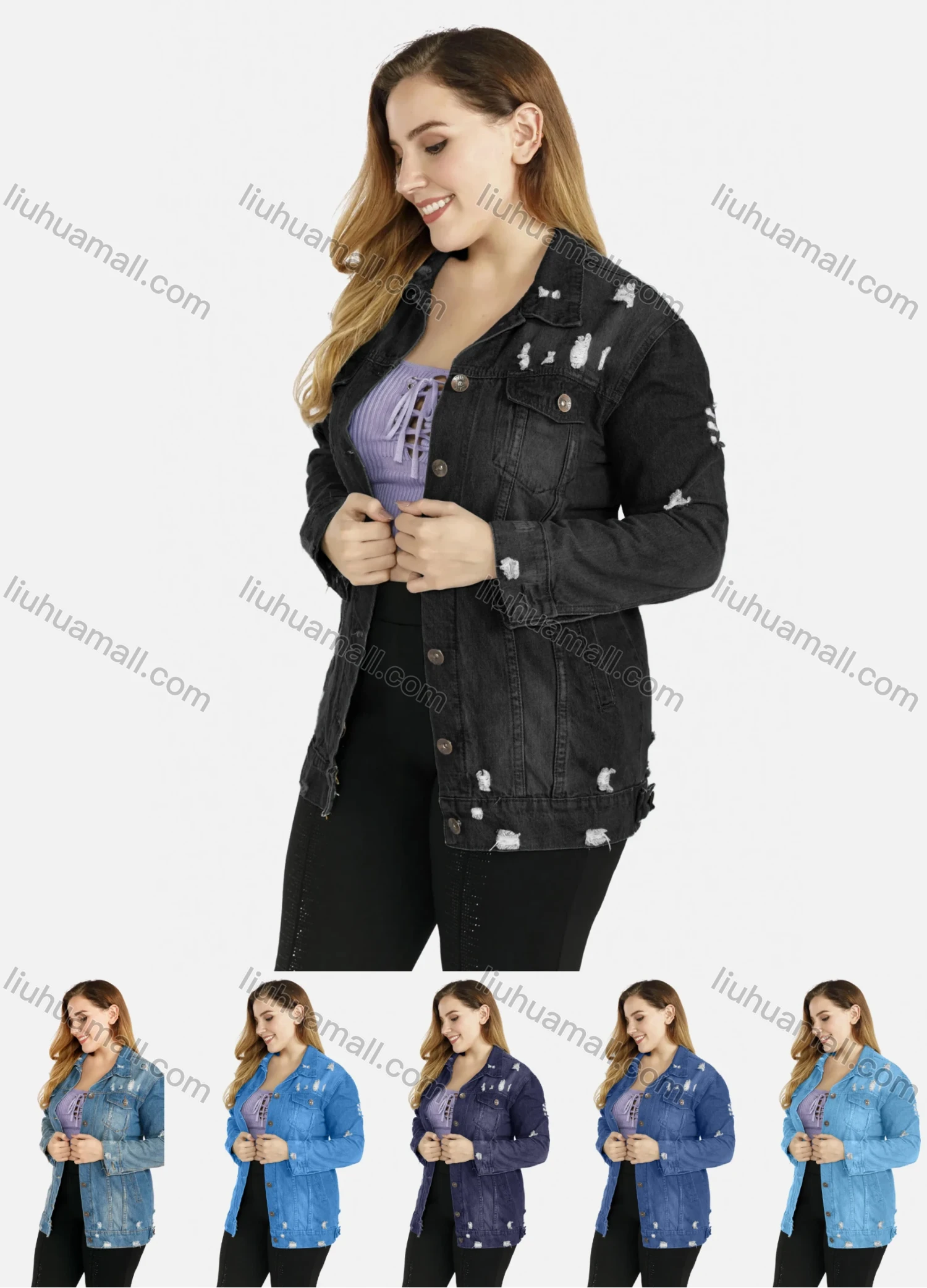 Wholesale Women's Plus Size Casual Collared Button Ripped Distressed Denim Jacket - Liuhuamall