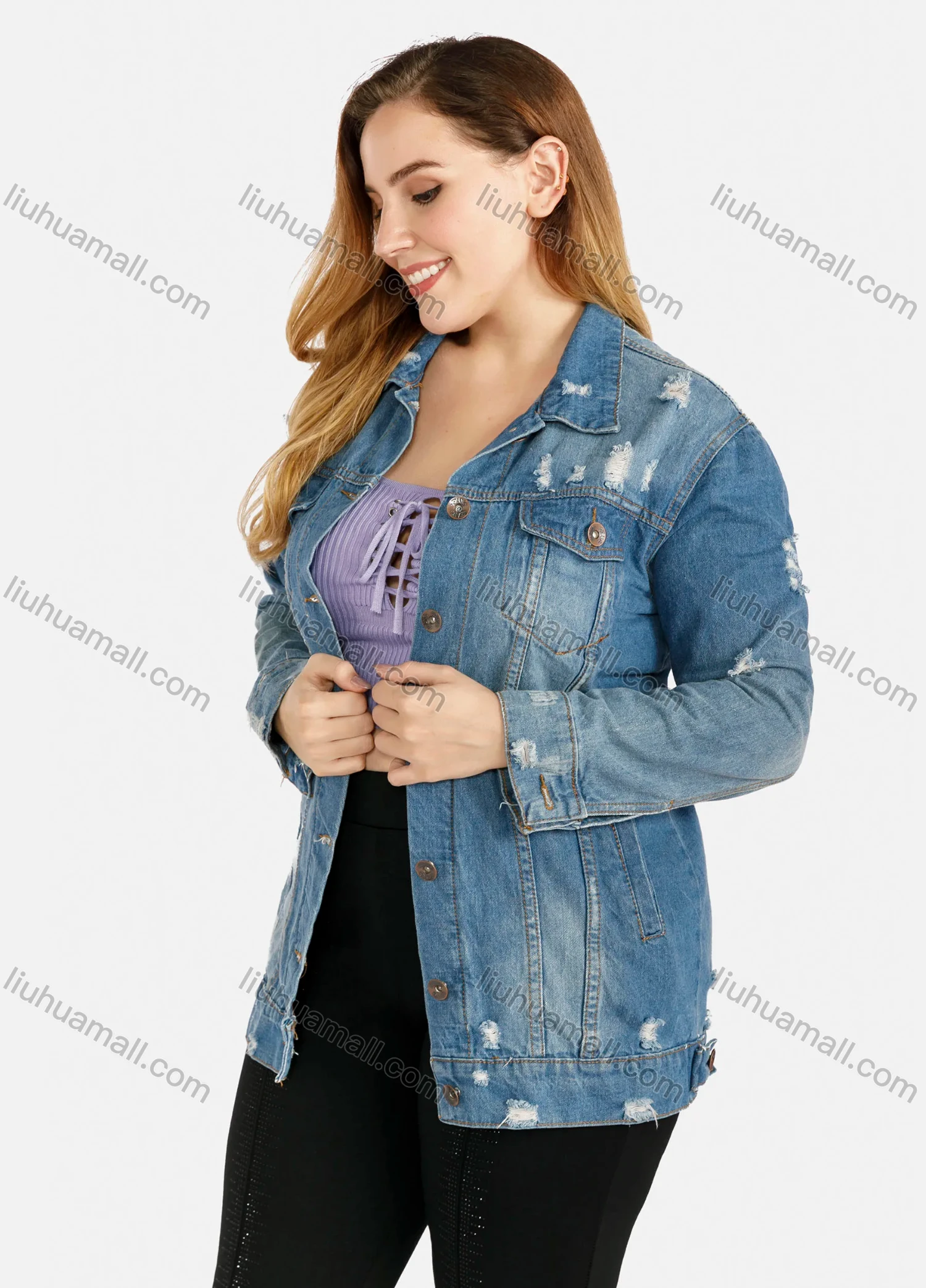 Wholesale Women's Plus Size Casual Collared Button Ripped Distressed Denim Jacket - Liuhuamall