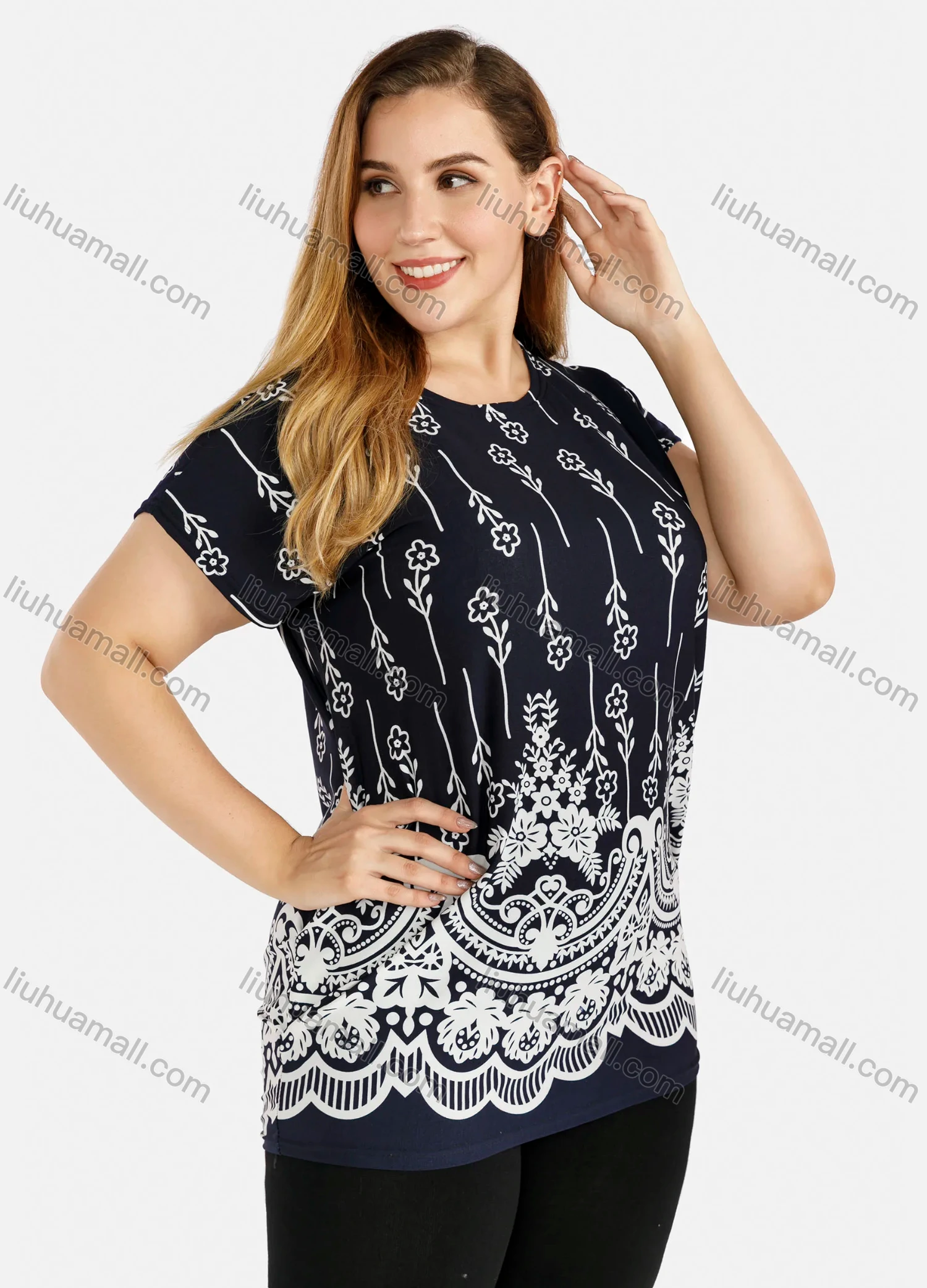 Wholesale Women's Plus Size Floral Print Comfy Casual Short Sleeve Tee - Liuhuamall