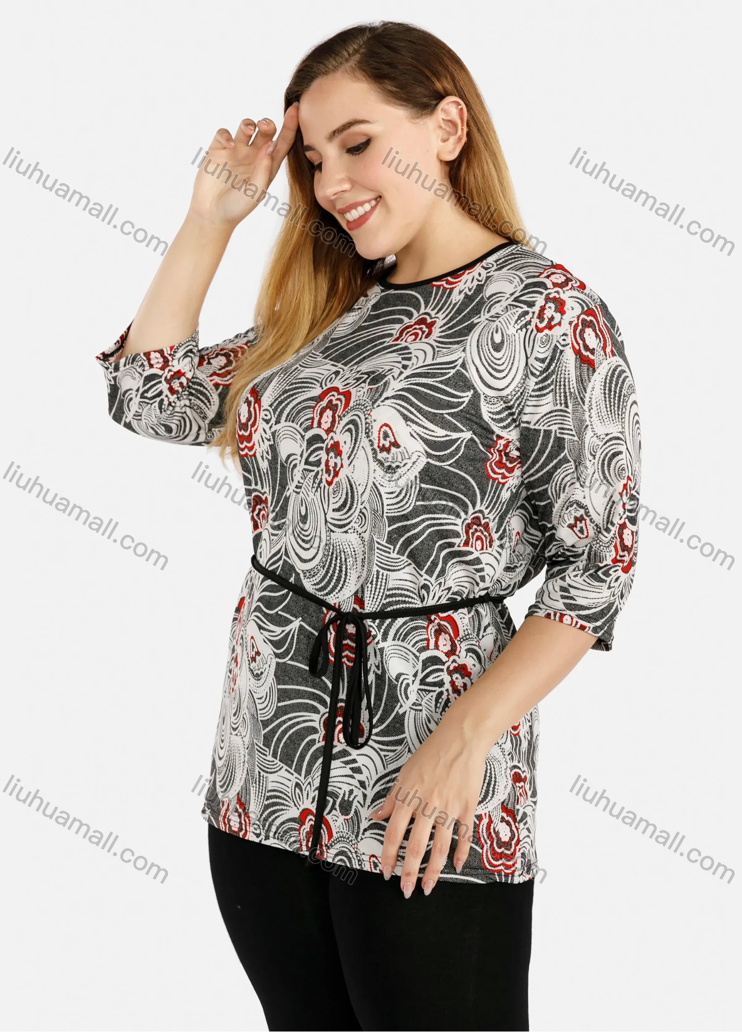 Wholesale Women's Elegant Floral Print Round Neck Mid Length Half Sleeve Blouse With Belt - Liuhuamall