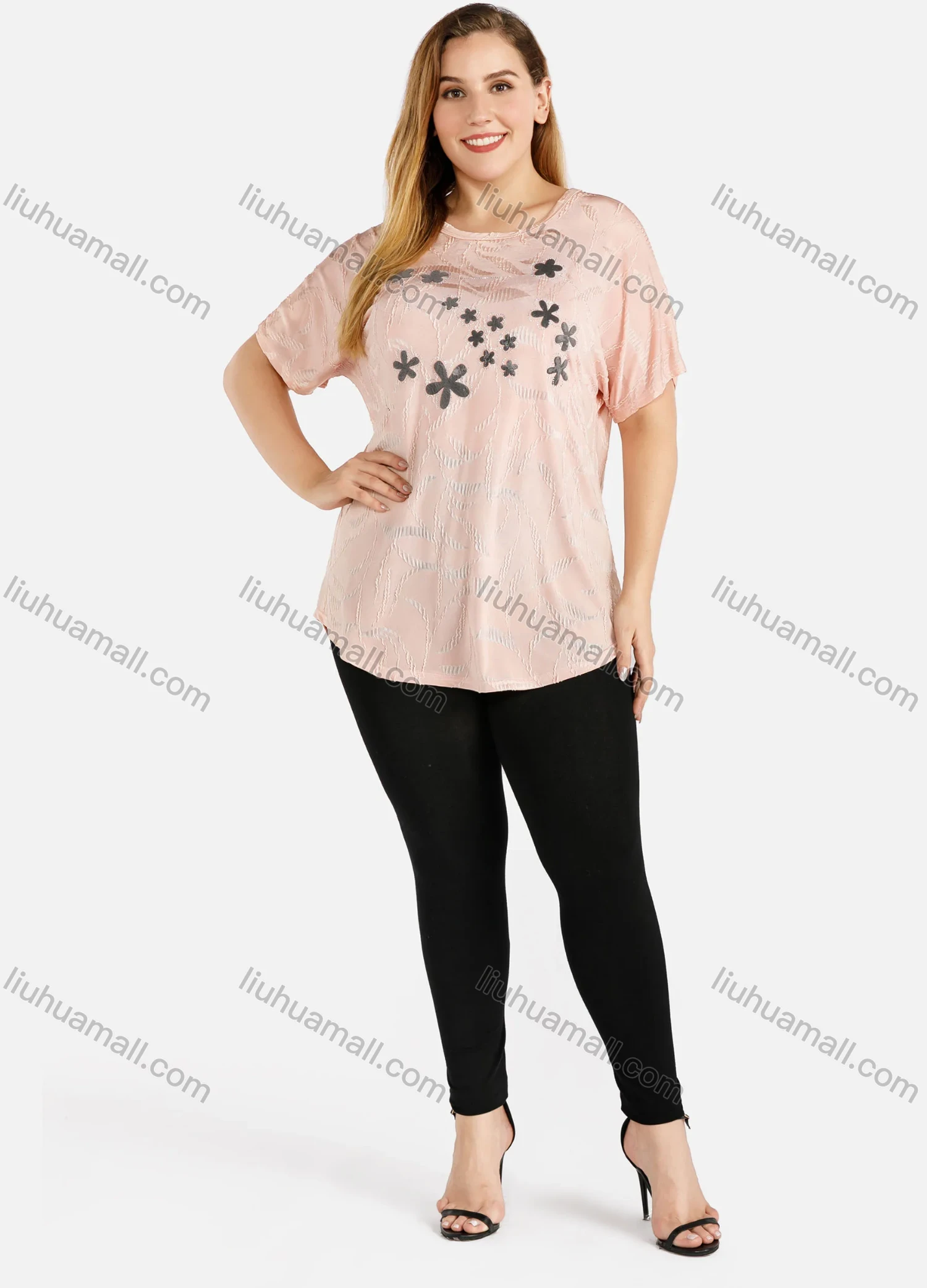 Wholesale Women's Cauasl Floral Rhinestone Jacquard Round Neck Curved Hem Short Sleeve T-shirt - Liuhuamall