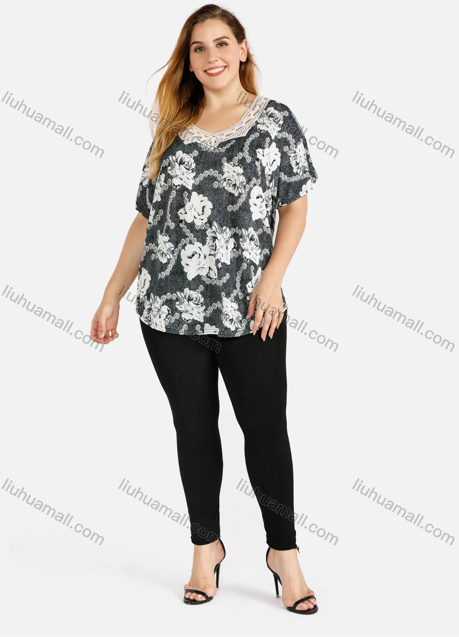 Wholesale Women's Elegant Guipure Lace Floral Print V Neck Short Sleeve T-Shirt - Liuhuamall