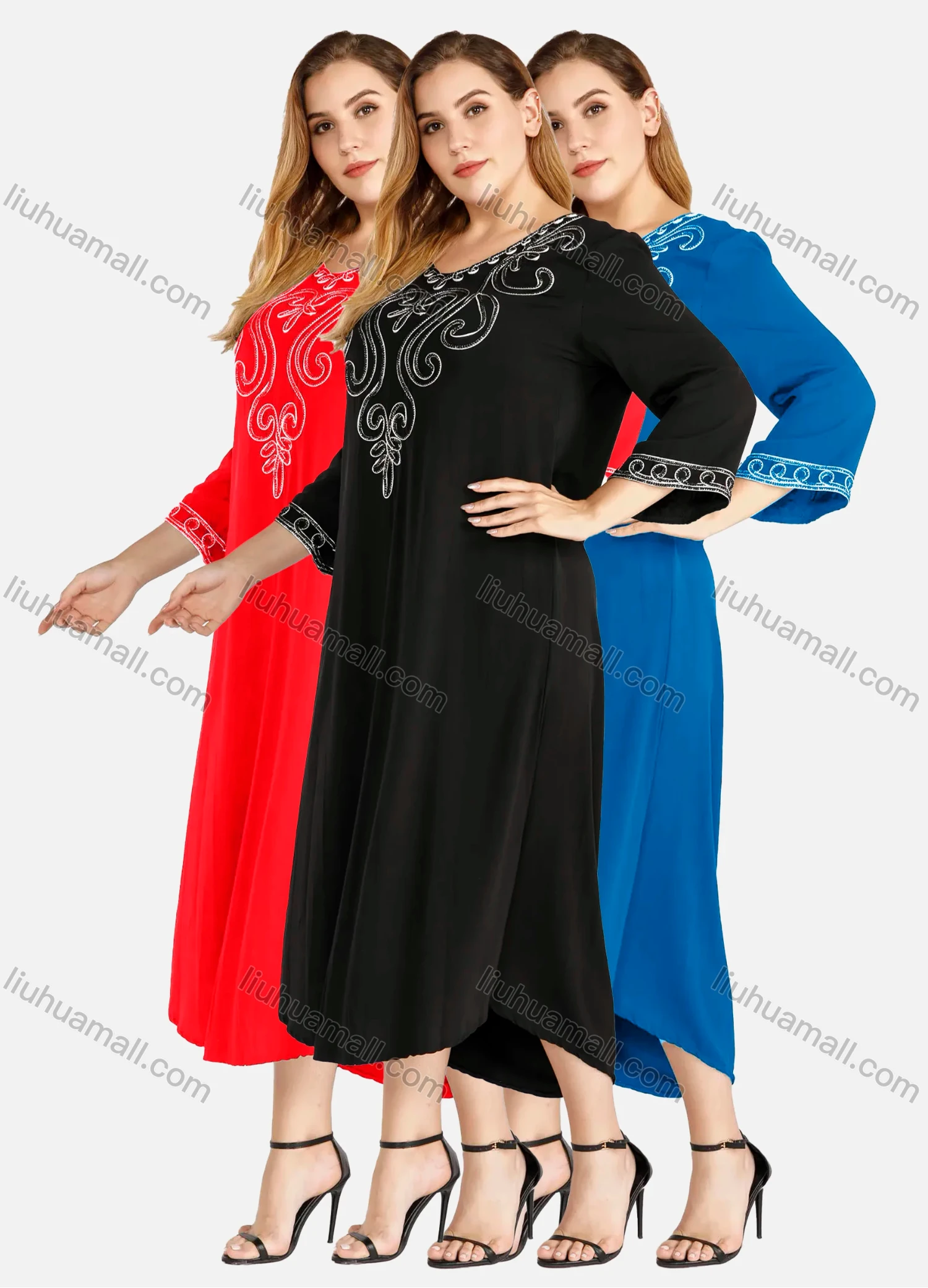 Wholesale Women's Casual V Neck 3/4 Sleeve Embroidered Midi Dress - Liuhuamall