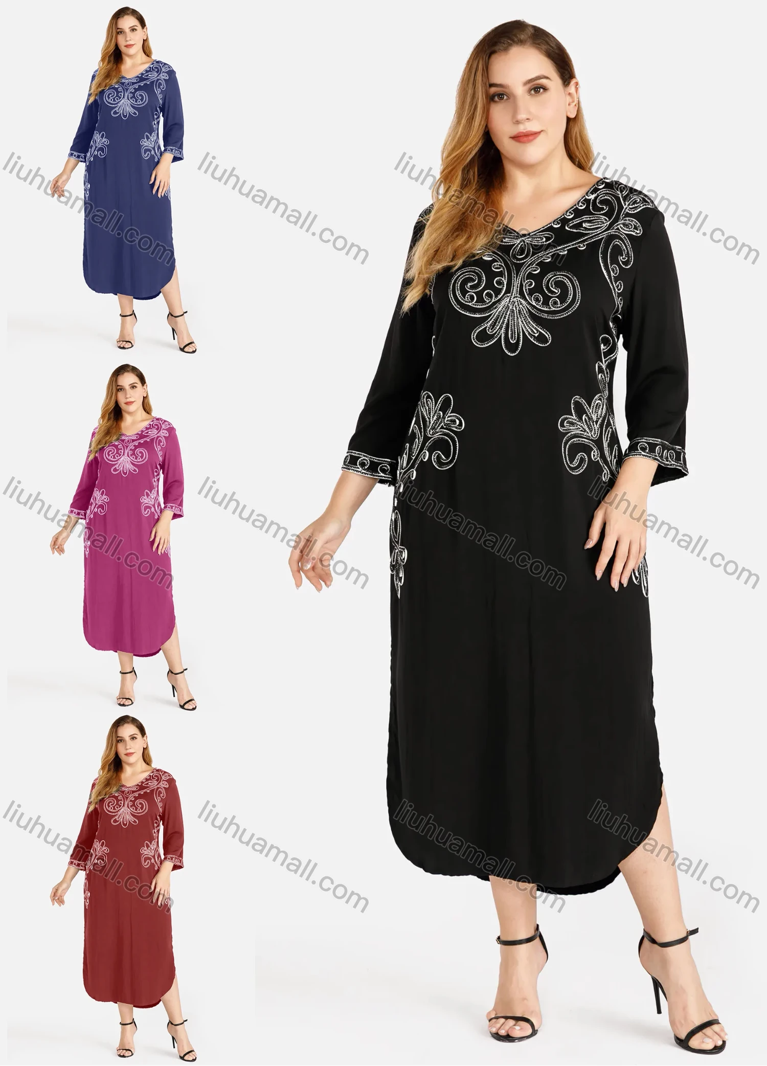 Wholesale Women's Casual V Neck 3/4 Sleeve Embroidered Dress - Liuhuamall