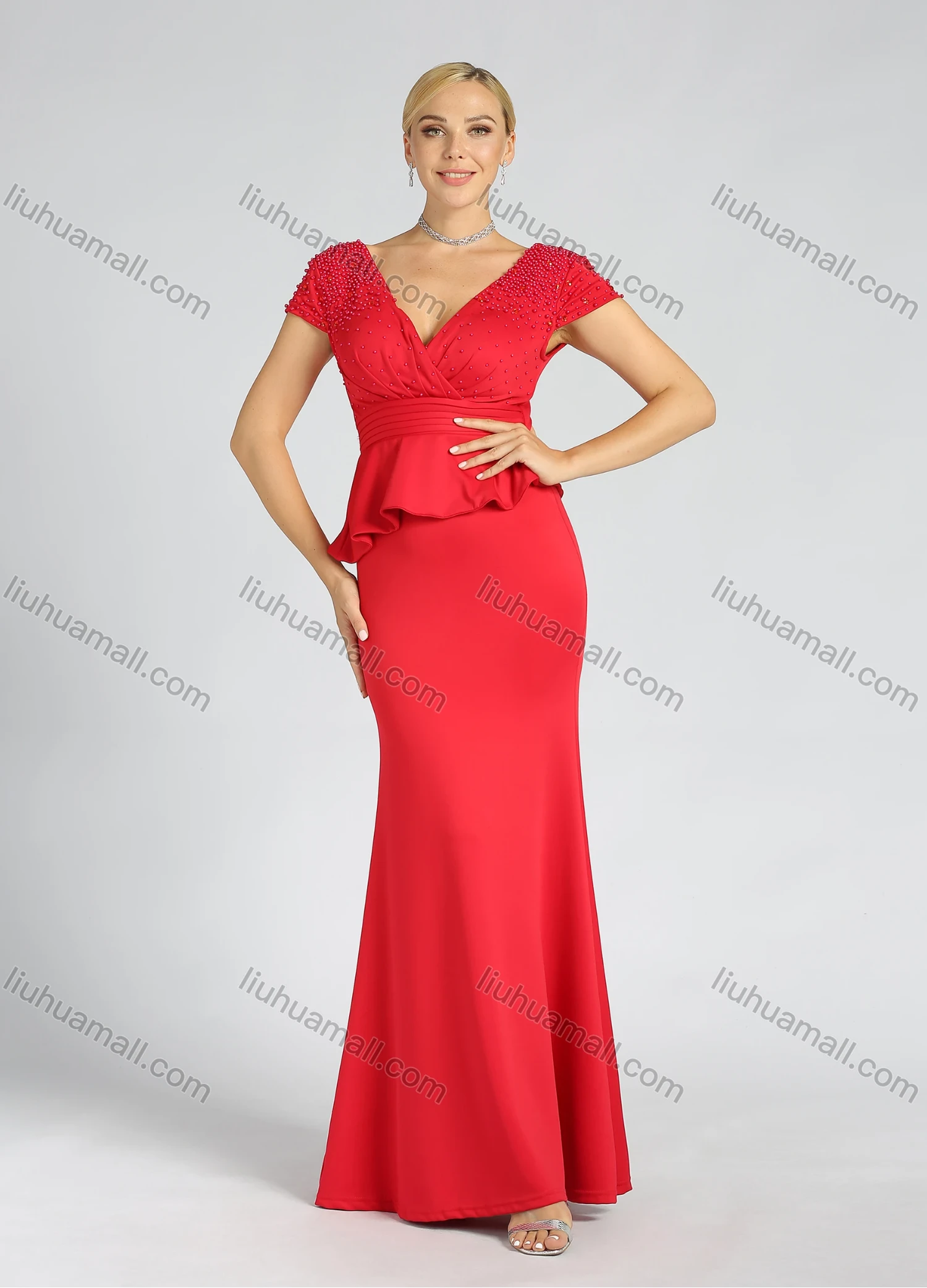 Wholesale Women's Elegant Plain Wrap V Neck Zip Back Beaded Pleated Ruched Mermaid Maxi Evening Dress - Liuhuamall