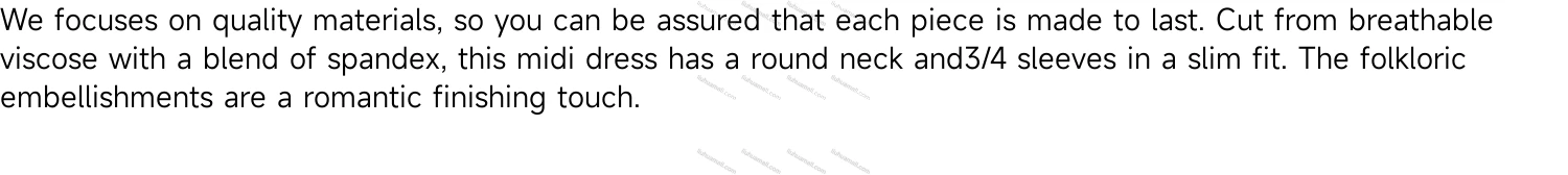 Wholesale Women's Casual Crew Neck 3/4 Sleeve Embroidered Dress - Liuhuamall