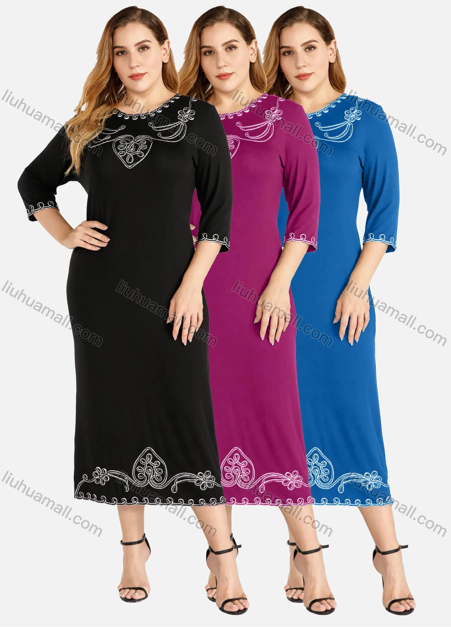 Wholesale Women's Casual Crew Neck 3/4 Sleeve Embroidered Dress - Liuhuamall