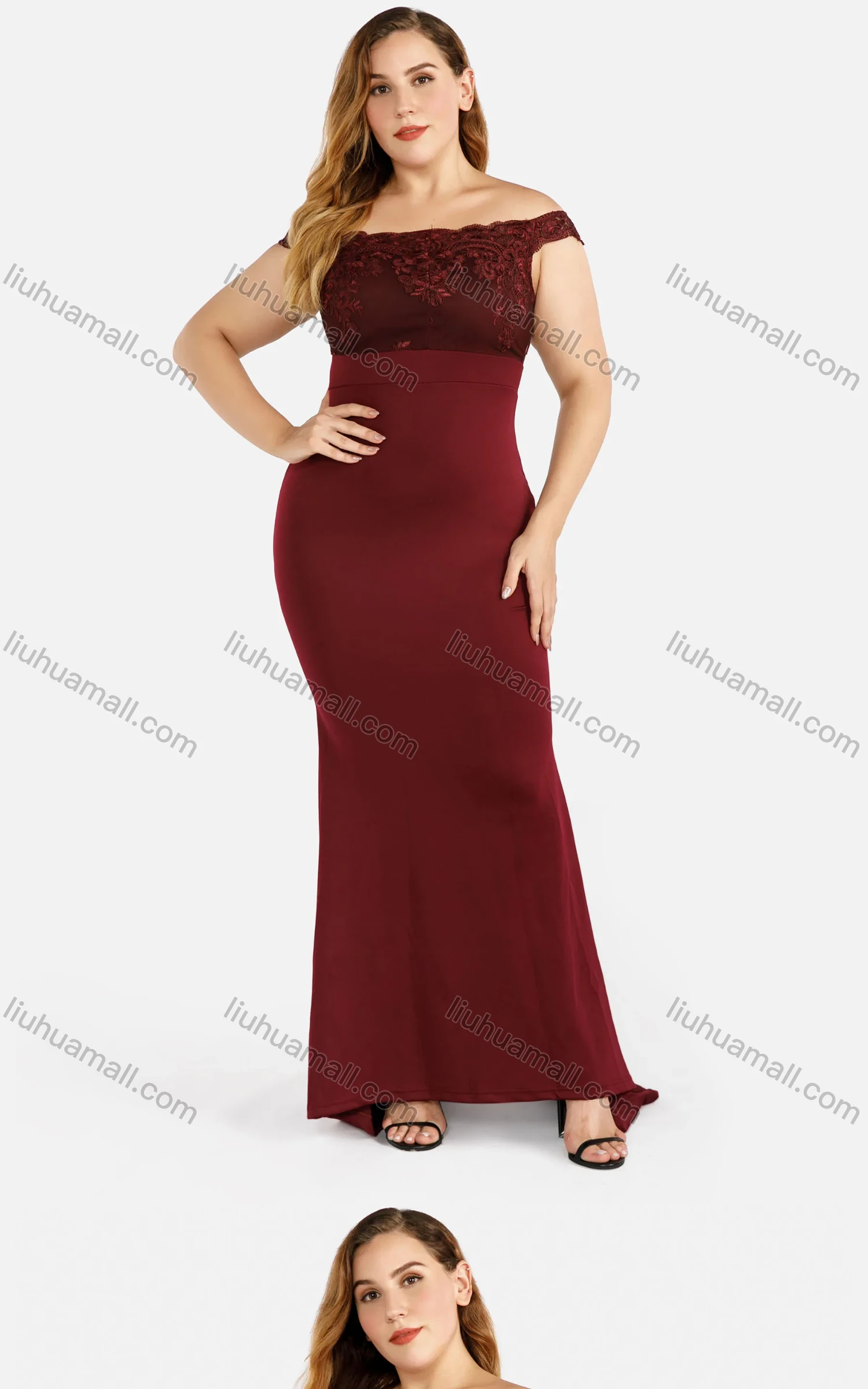 Wholesale Women's Fashion Off Shoulder Plain Embroidered Splicing Zip Back Lace Appliques Mermaid Evening Dress - Liuhuamall